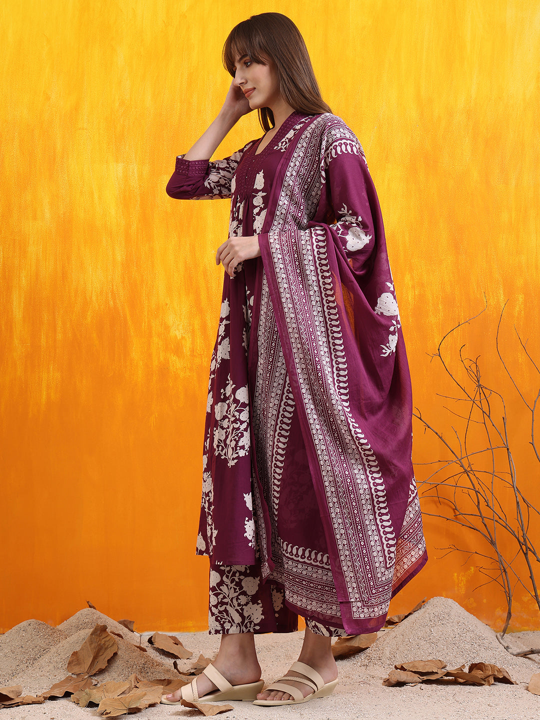 Embroidered & Printed Flared kurta with pant & Dupatta