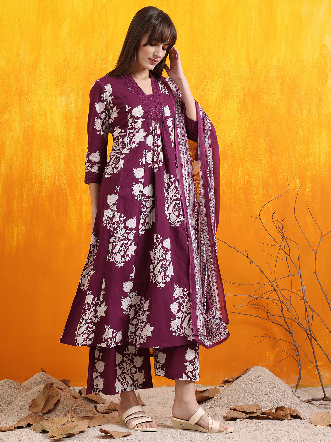 Embroidered & Printed Flared kurta with pant & Dupatta