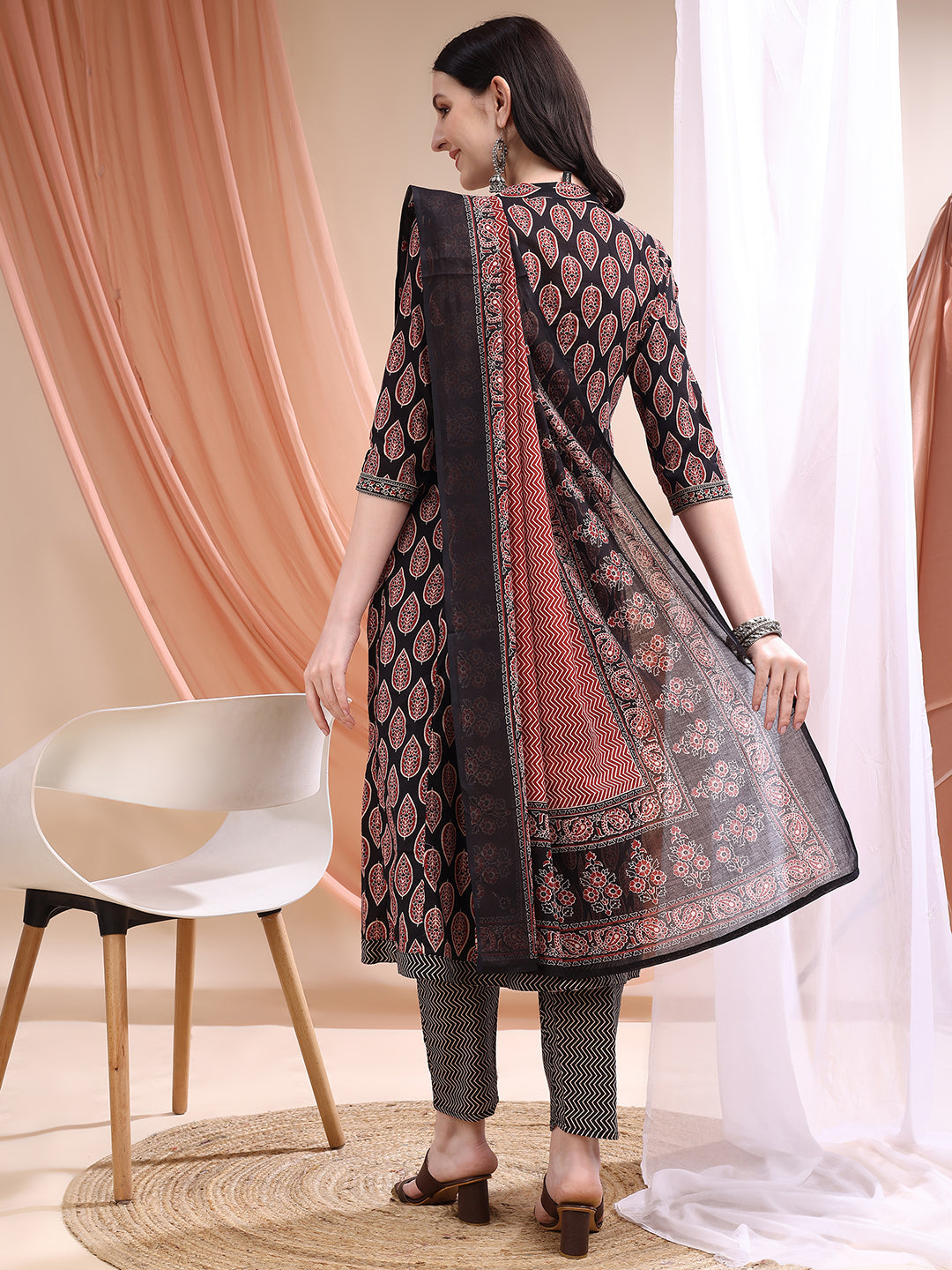 Front Slit Motifs A-line Printed Kurta with Pant & Dupatta