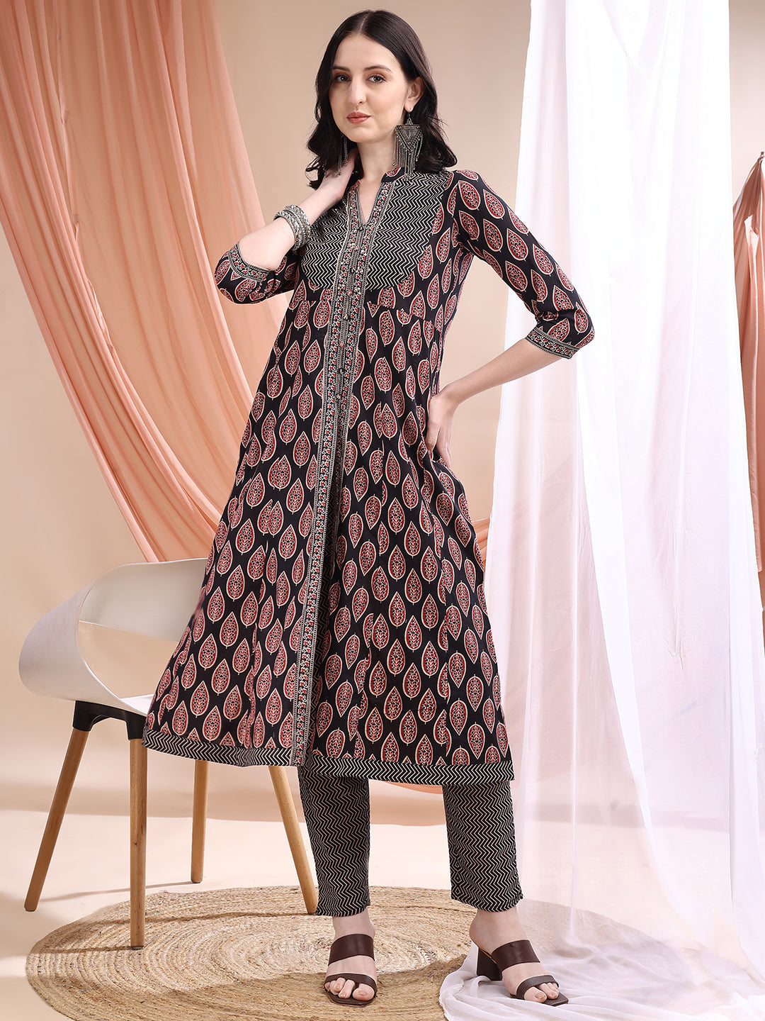 Front Slit Motifs A-line Printed Kurta with Pant & Dupatta