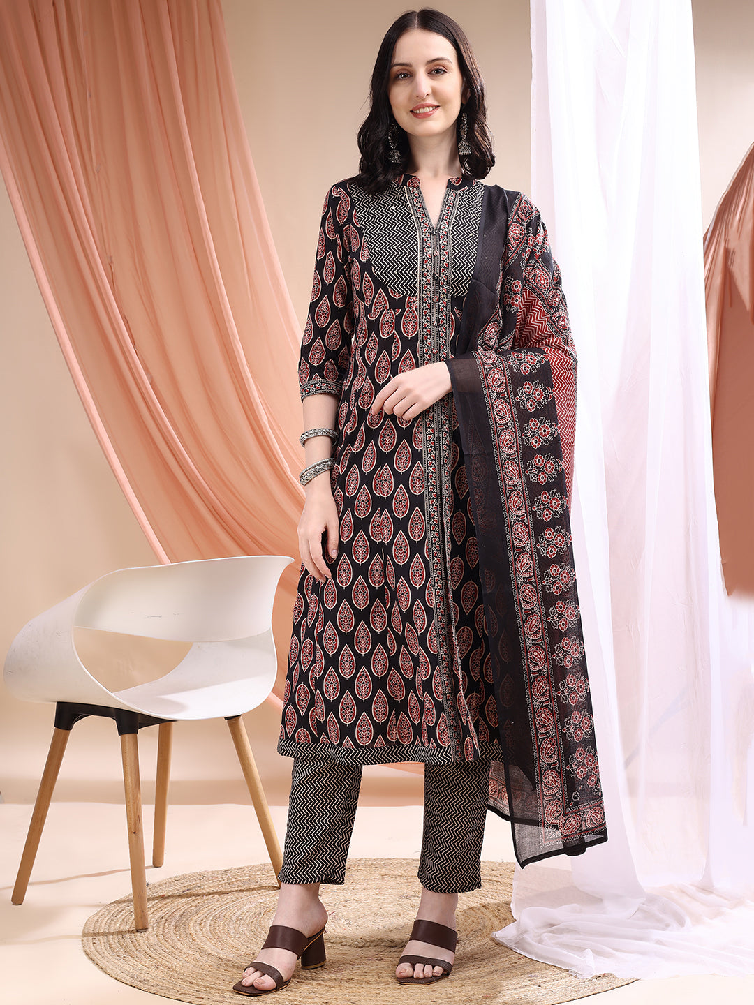 Front Slit Motifs A-line Printed Kurta with Pant & Dupatta