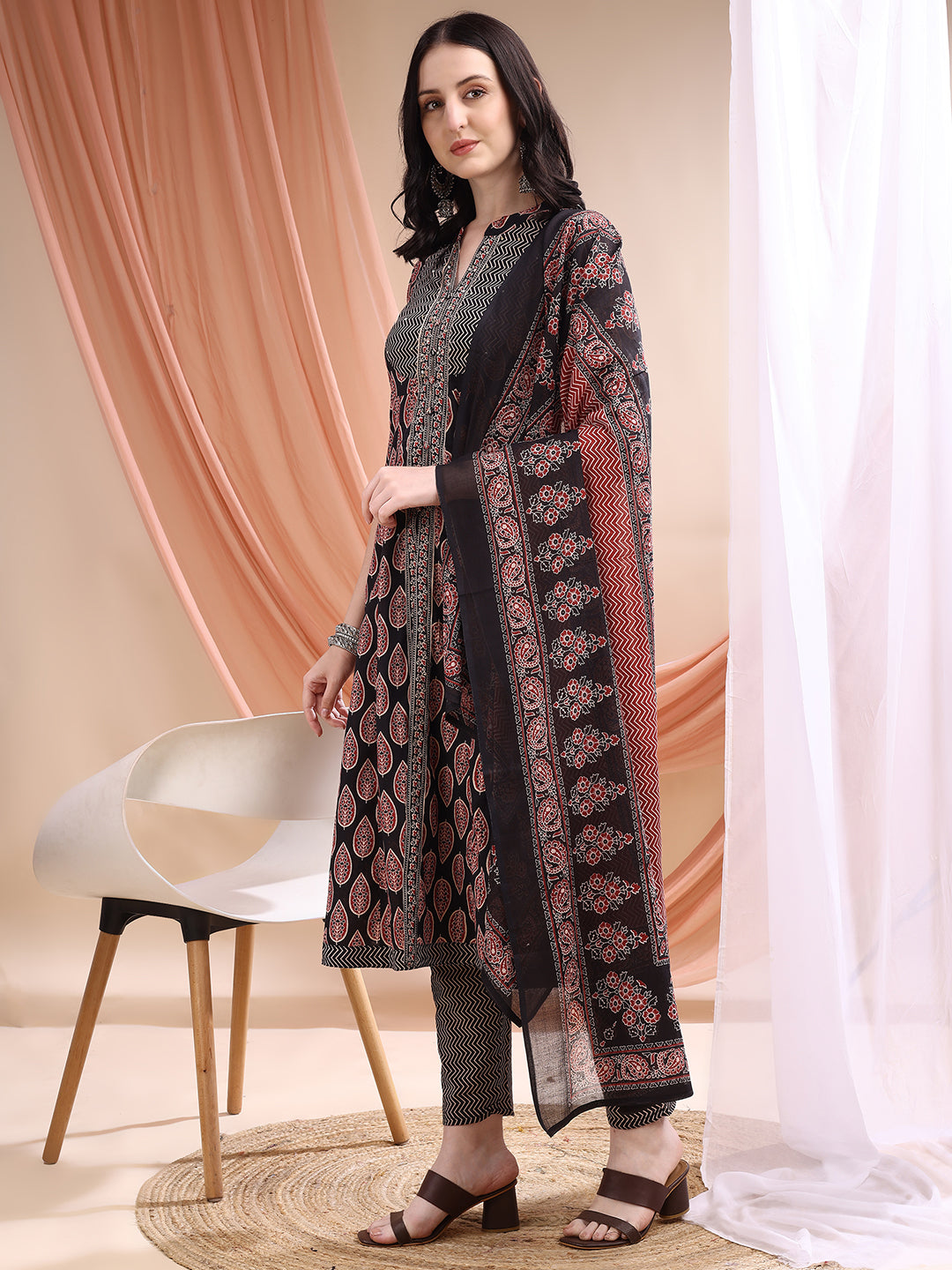 Front Slit Motifs A-line Printed Kurta with Pant & Dupatta