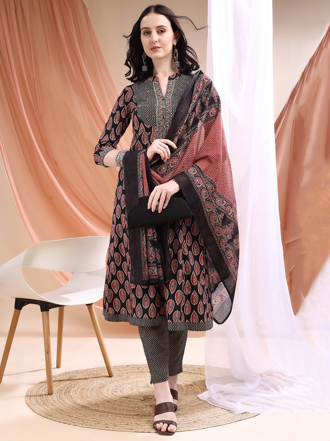 Front Slit Motifs A-line Printed Kurta with Pant & Dupatta