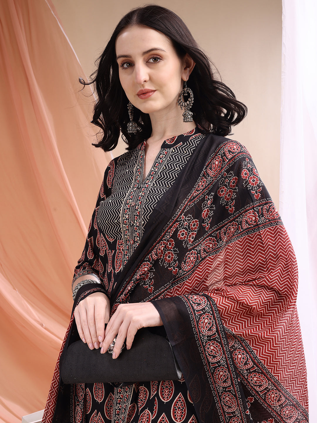 Front Slit Motifs A-line Printed Kurta with Pant & Dupatta