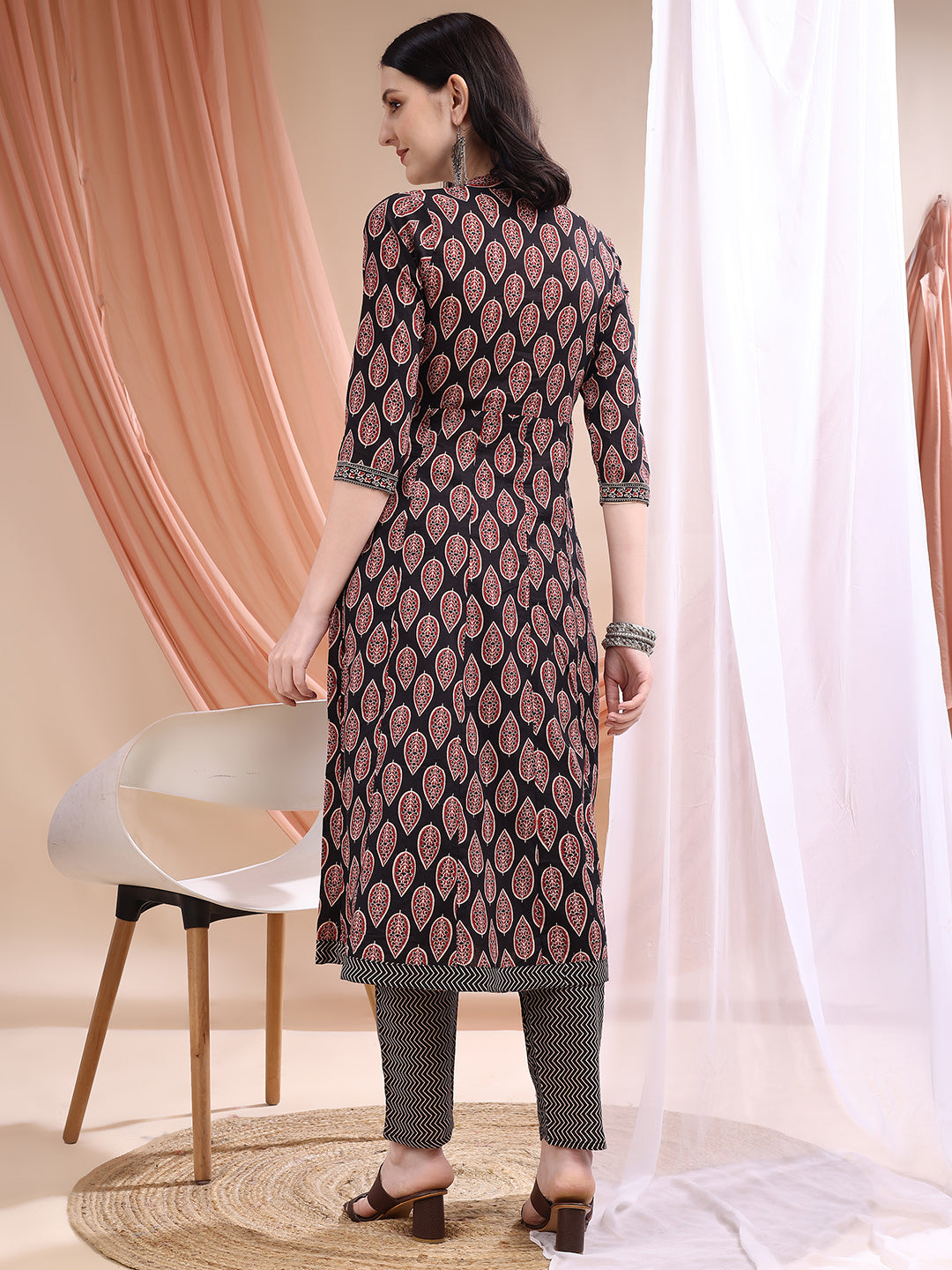 Front Slit Motifs A-line Printed Kurta with Pant & Dupatta