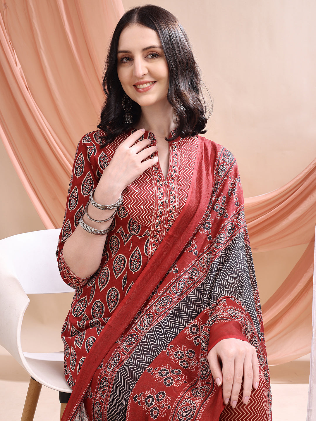 Front Slit Motifs A-line Printed Kurta with Pant & Dupatta