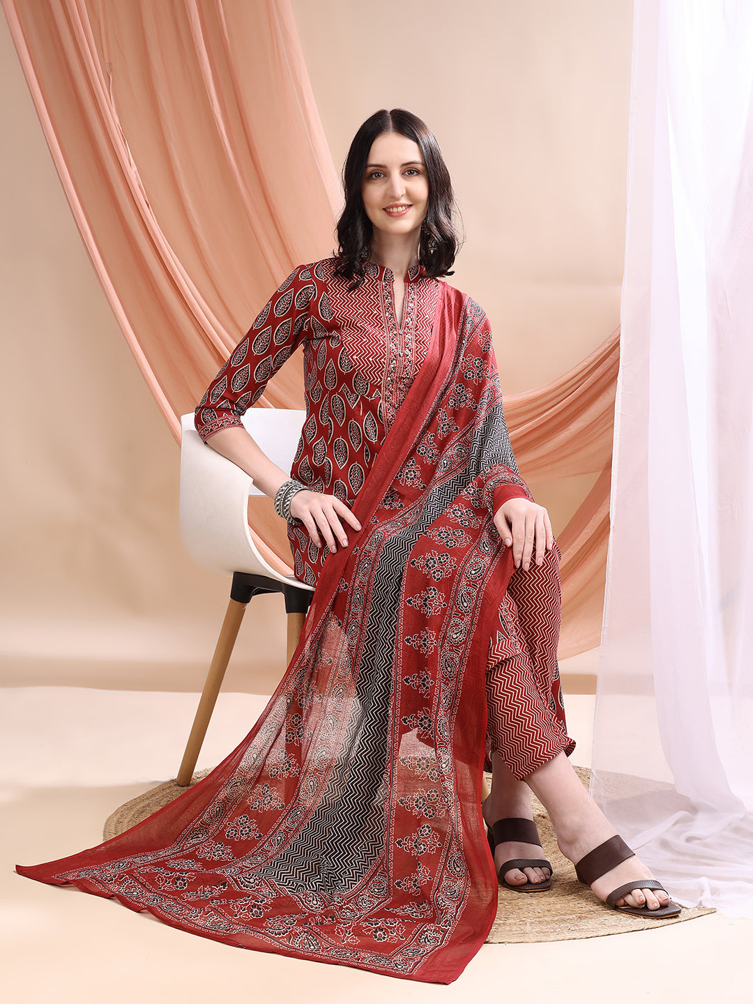 Front Slit Motifs A-line Printed Kurta with Pant & Dupatta