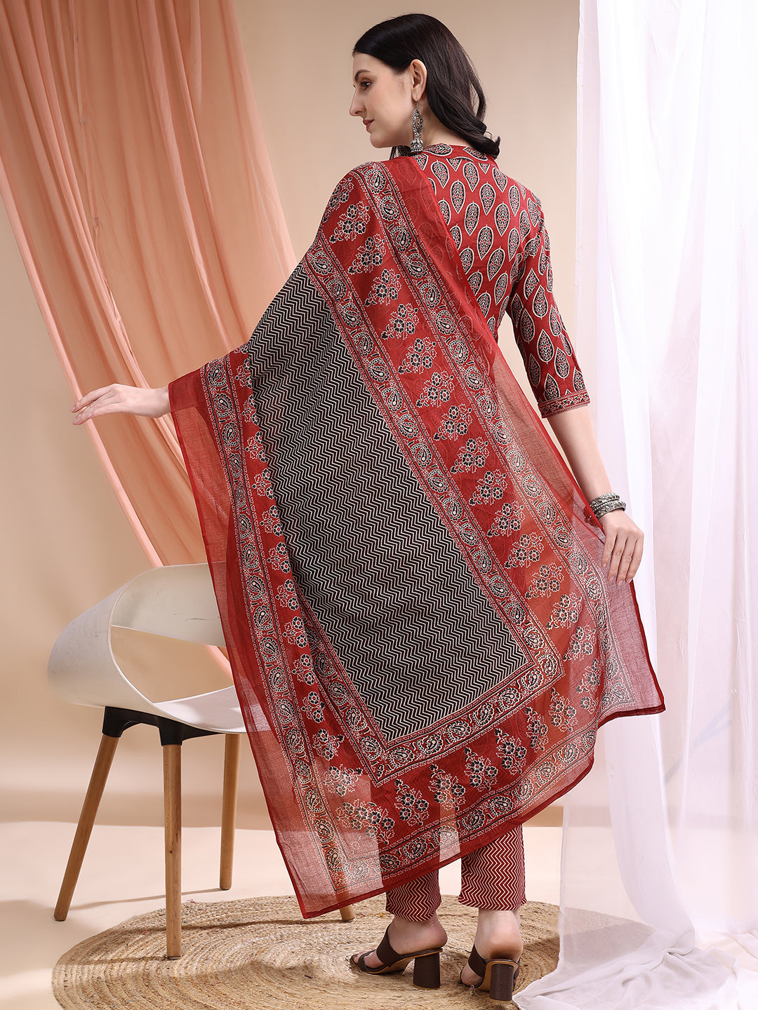 Front Slit Motifs A-line Printed Kurta with Pant & Dupatta