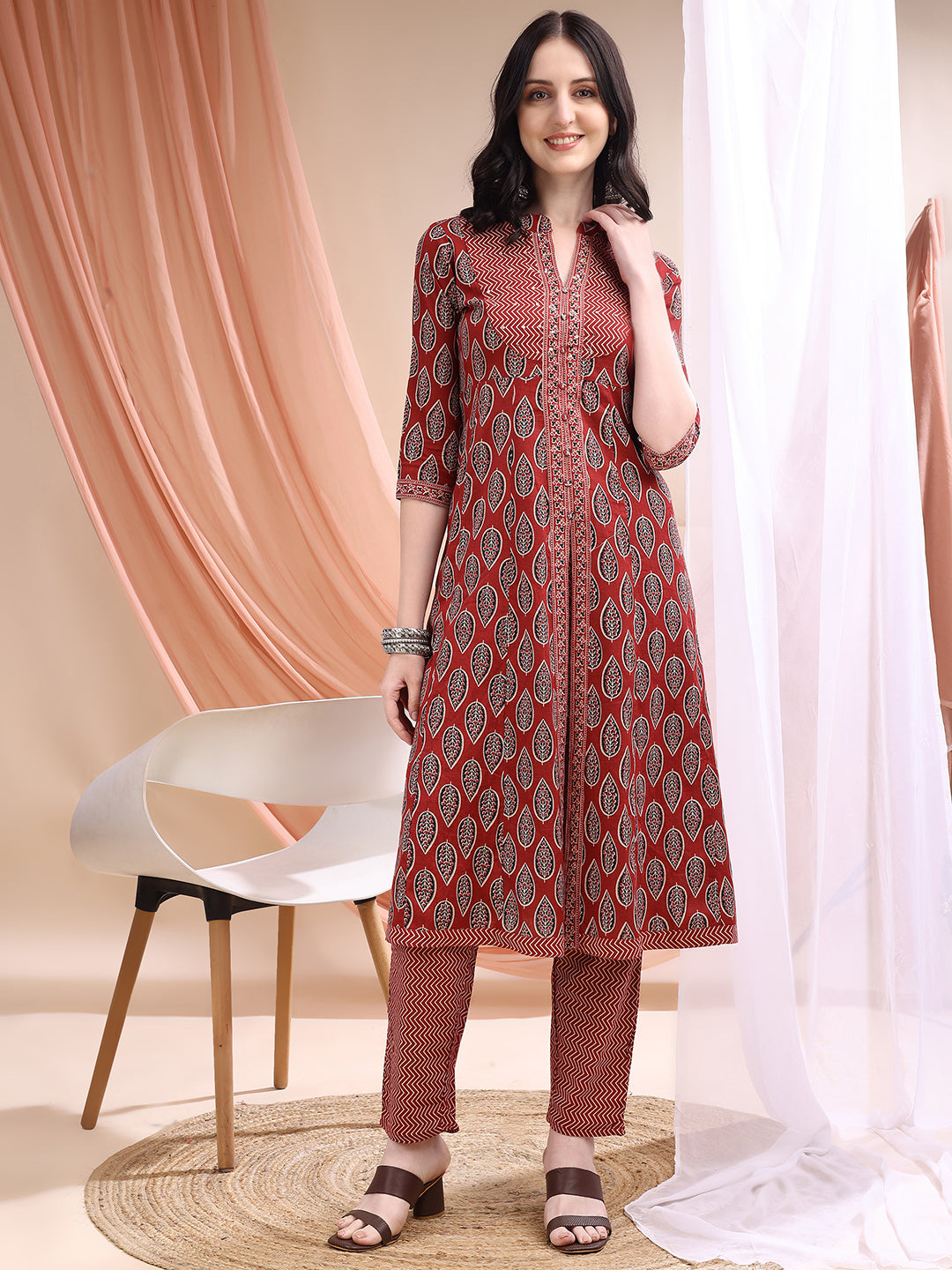 Front Slit Motifs A-line Printed Kurta with Pant & Dupatta