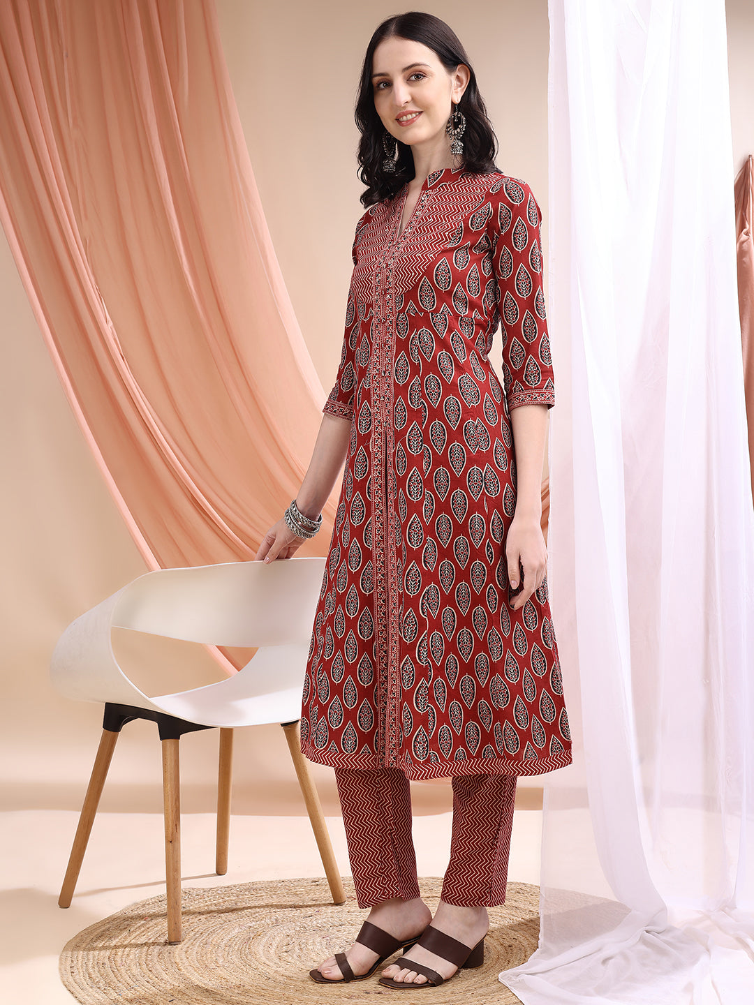 Front Slit Motifs A-line Printed Kurta with Pant & Dupatta