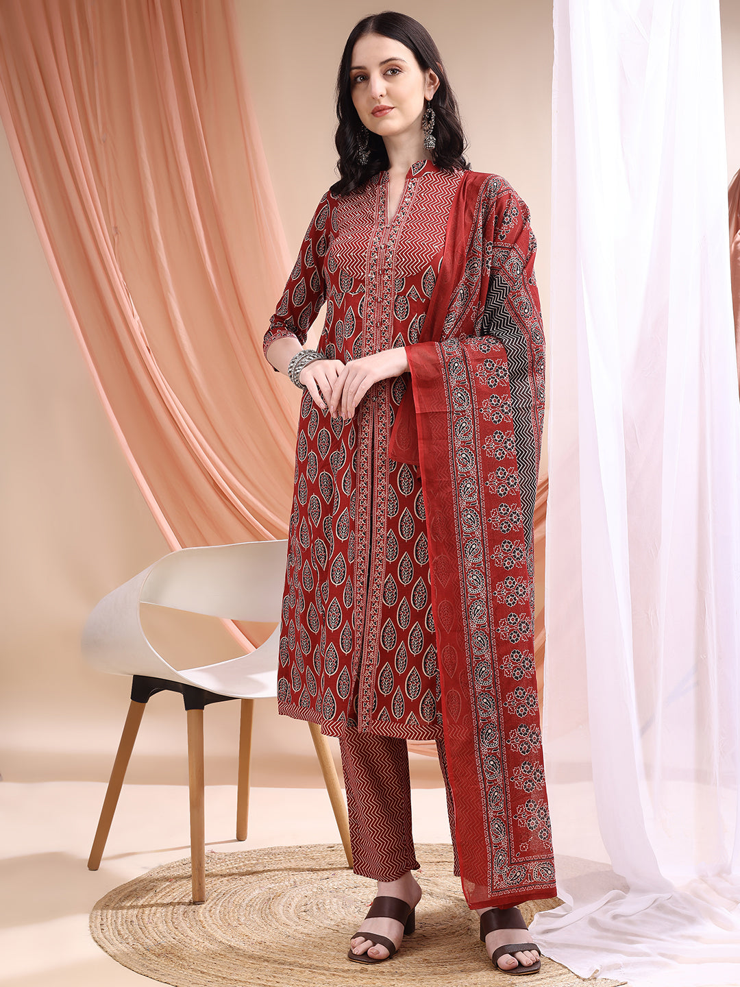 Front Slit Motifs A-line Printed Kurta with Pant & Dupatta