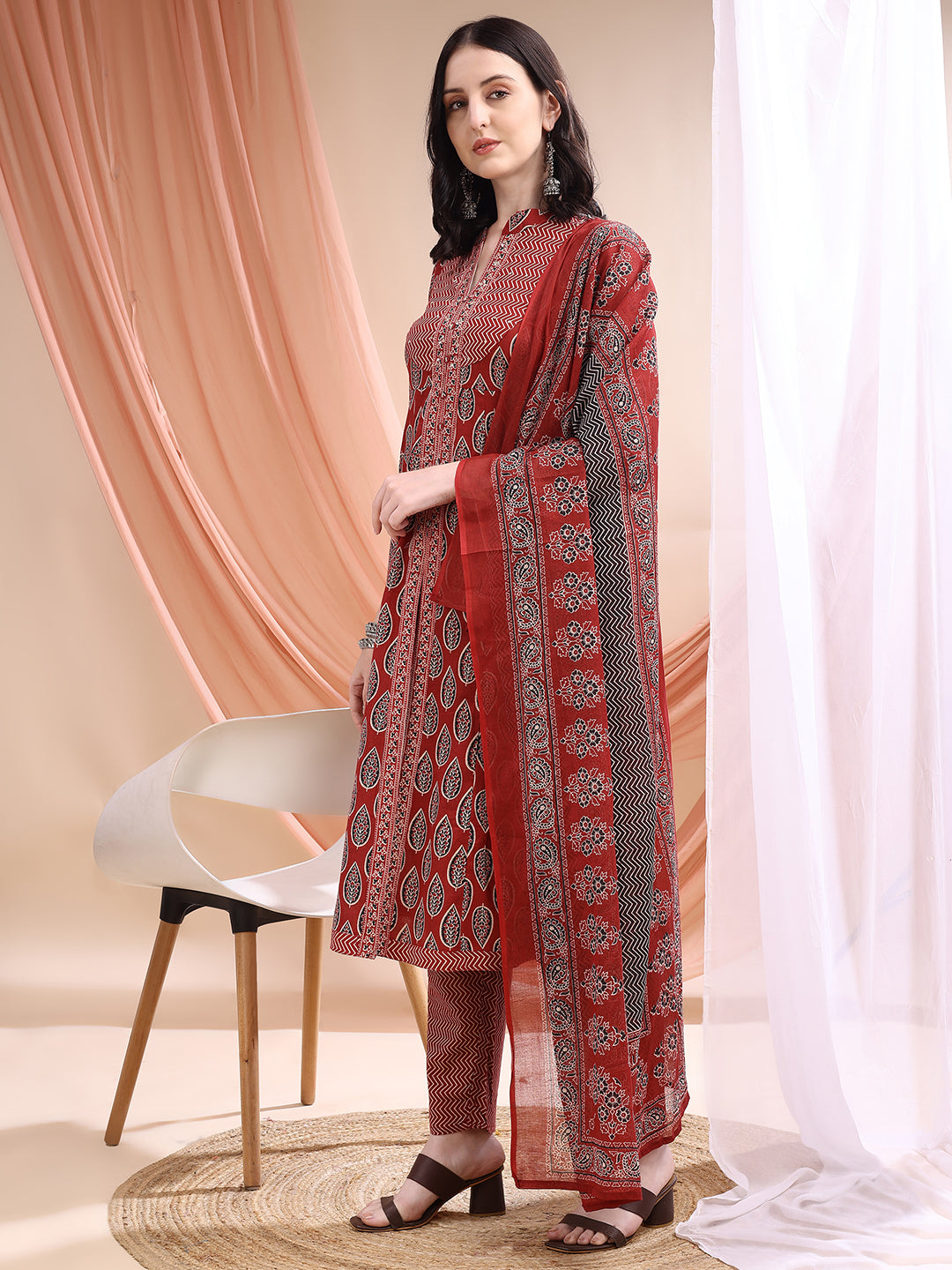 Front Slit Motifs A-line Printed Kurta with Pant & Dupatta