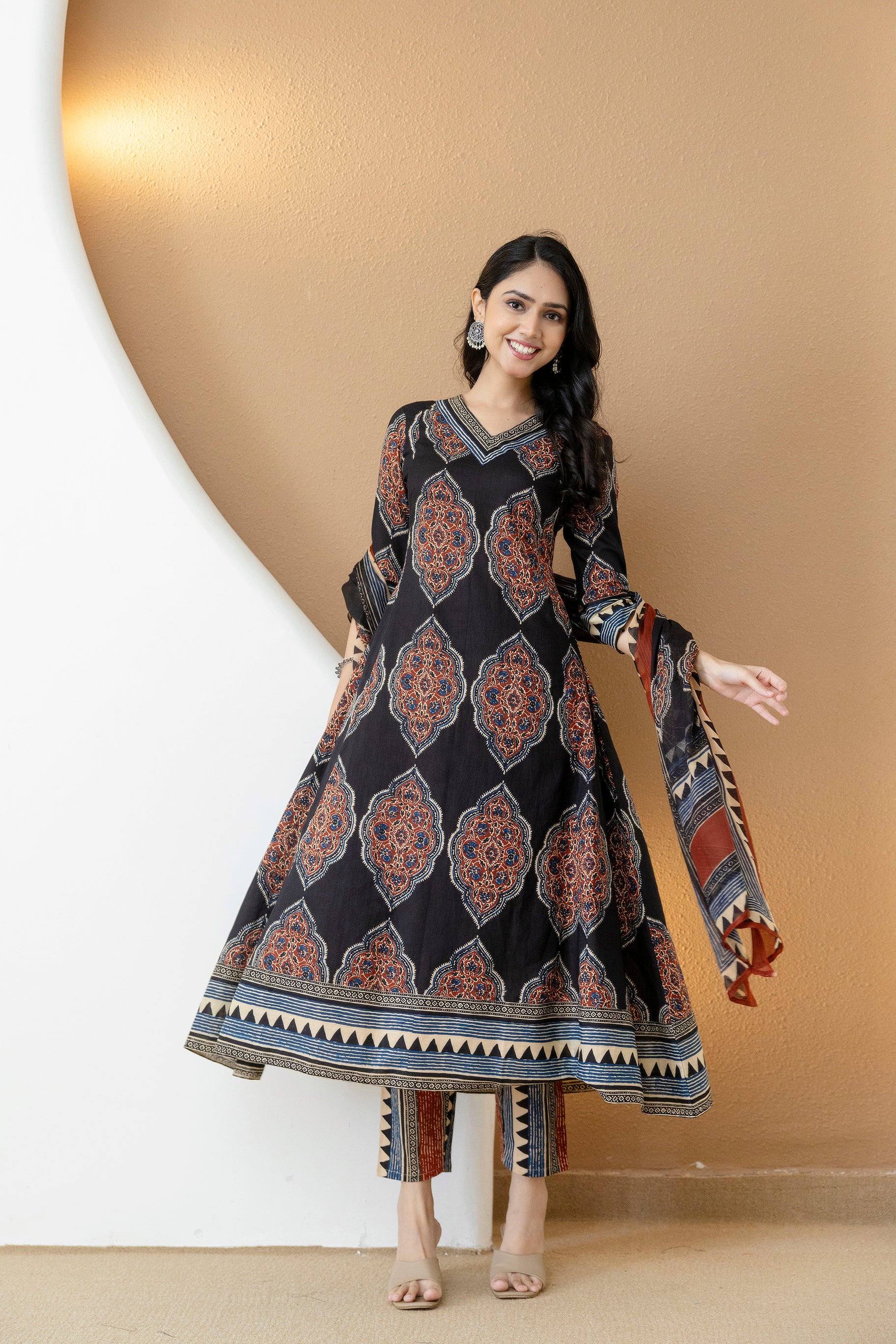 Ethnic Motif Printed Anarkali Kurta Set with Matching Pants & Dupatta