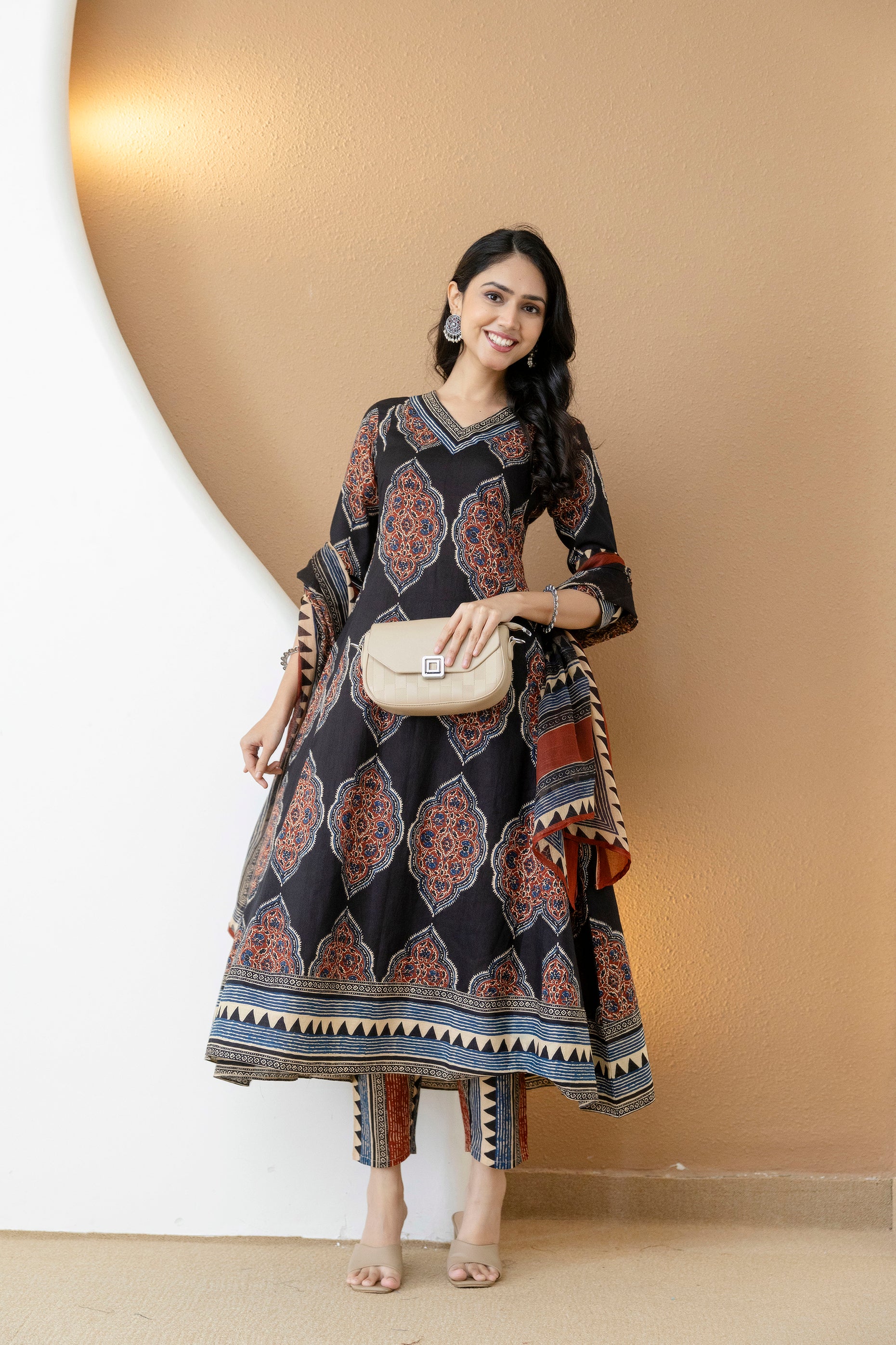 Ethnic Motif Printed Anarkali Kurta Set with Matching Pants & Dupatta