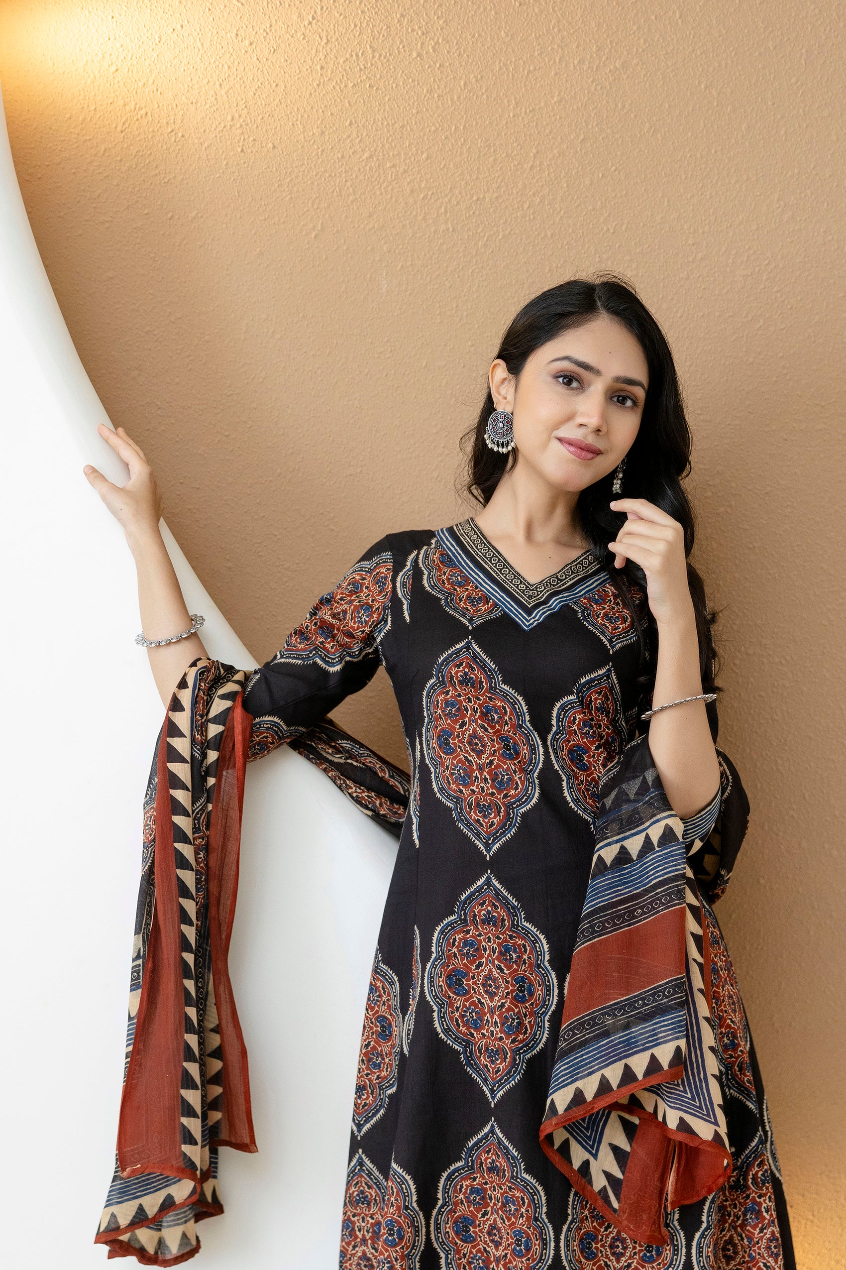 Ethnic Motif Printed Anarkali Kurta Set with Matching Pants & Dupatta