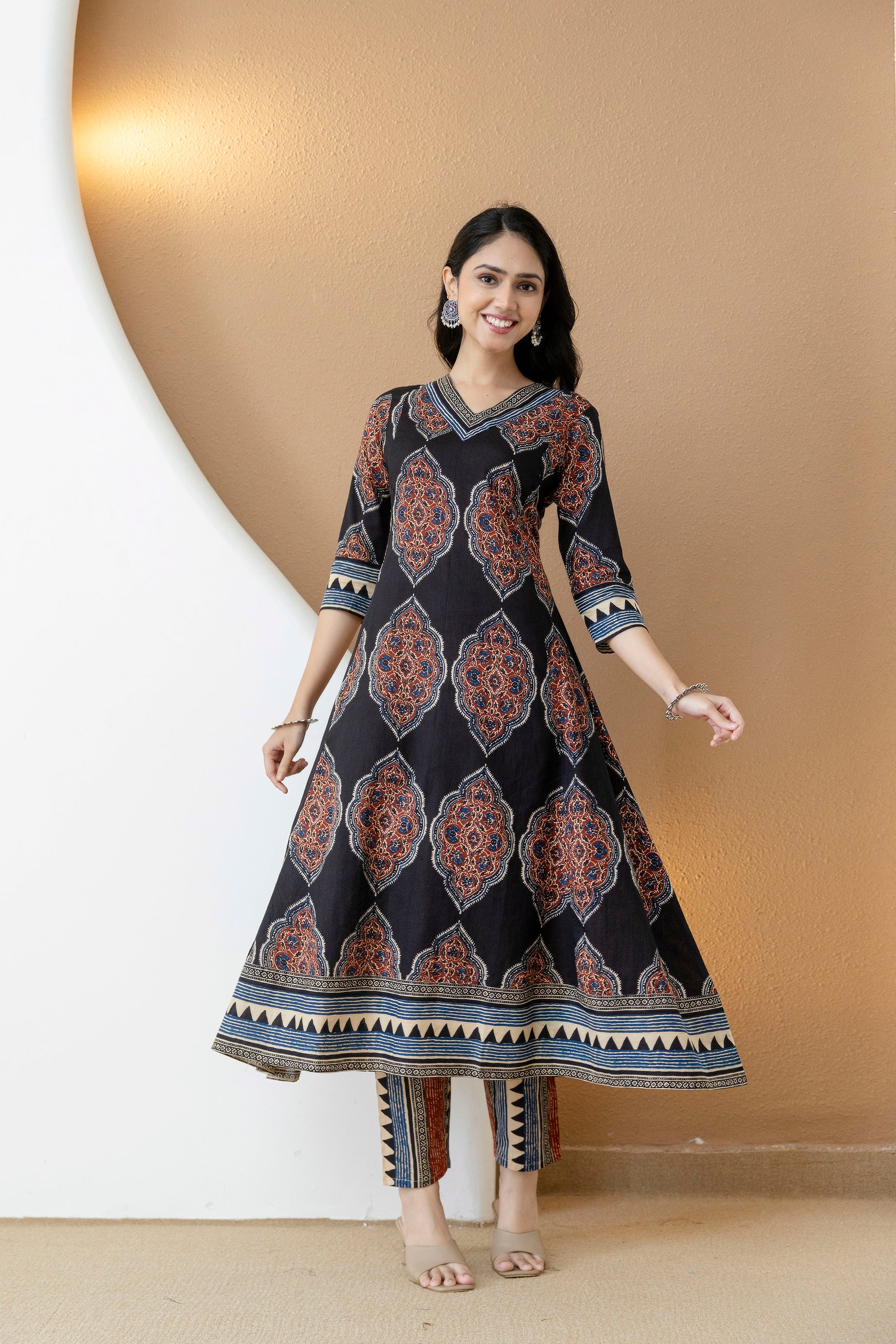 Ethnic Motif Printed Anarkali Kurta Set with Matching Pants & Dupatta