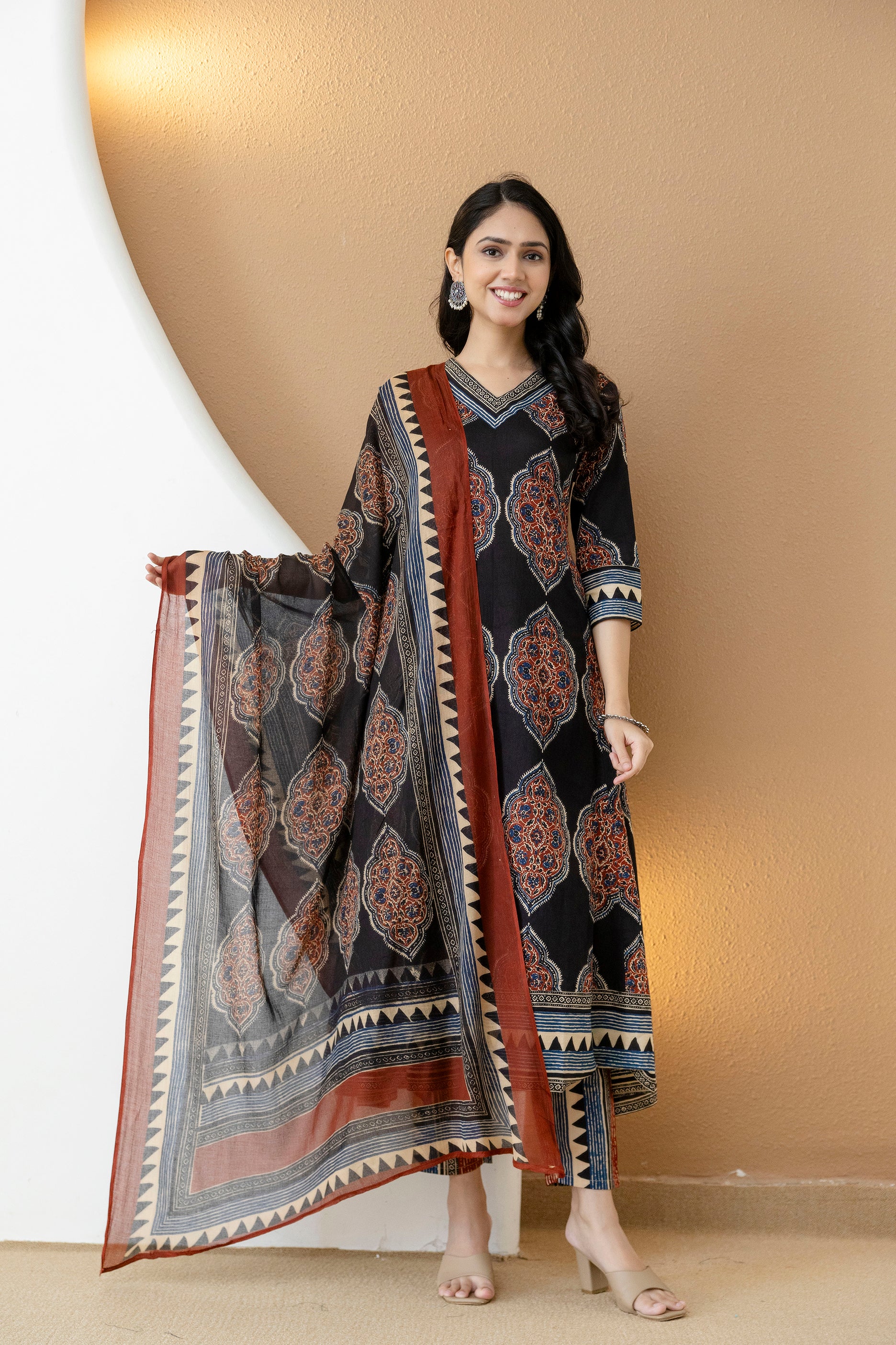 Ethnic Motif Printed Anarkali Kurta Set with Matching Pants & Dupatta