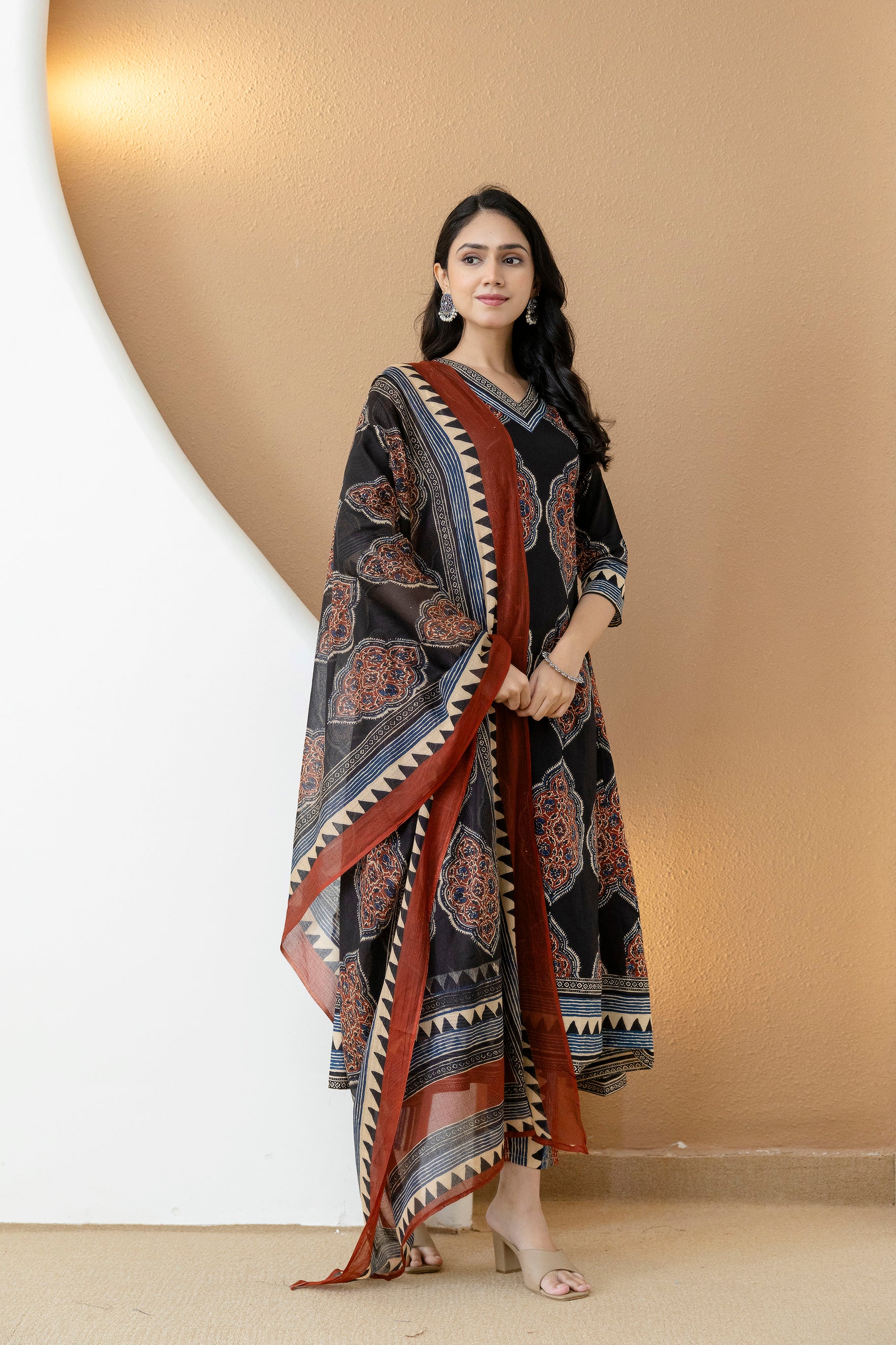 Ethnic Motif Printed Anarkali Kurta Set with Matching Pants & Dupatta