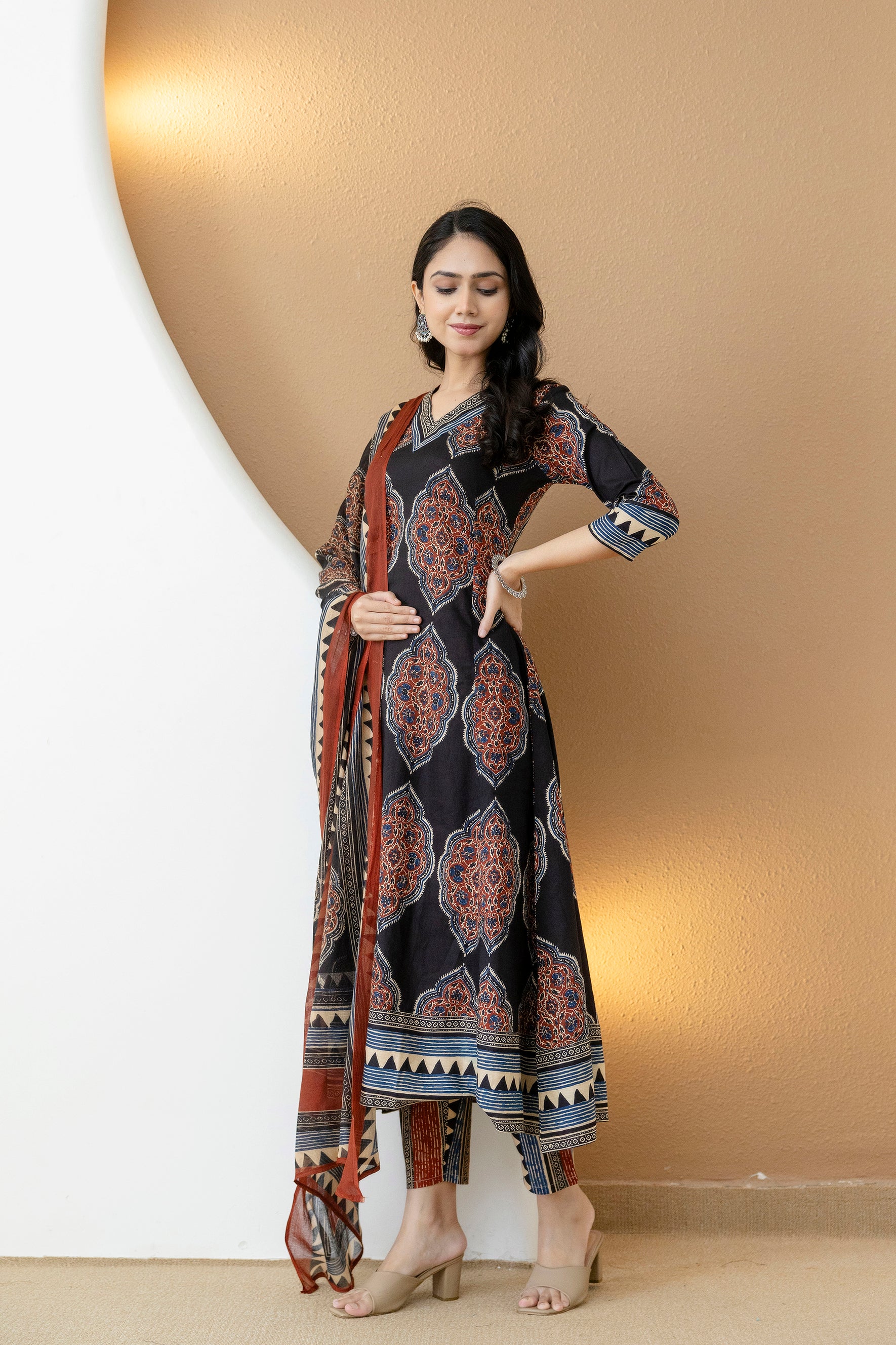 Ethnic Motif Printed Anarkali Kurta Set with Matching Pants & Dupatta