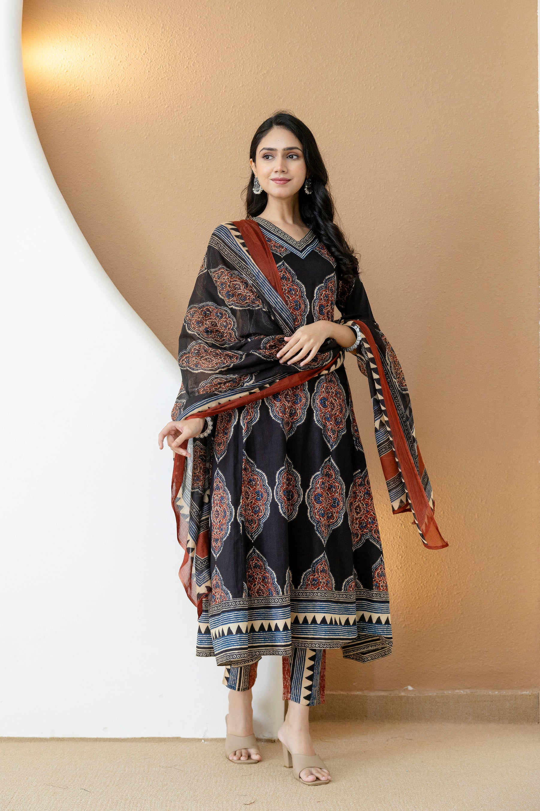 Ethnic Motif Printed Anarkali Kurta Set with Matching Pants & Dupatta