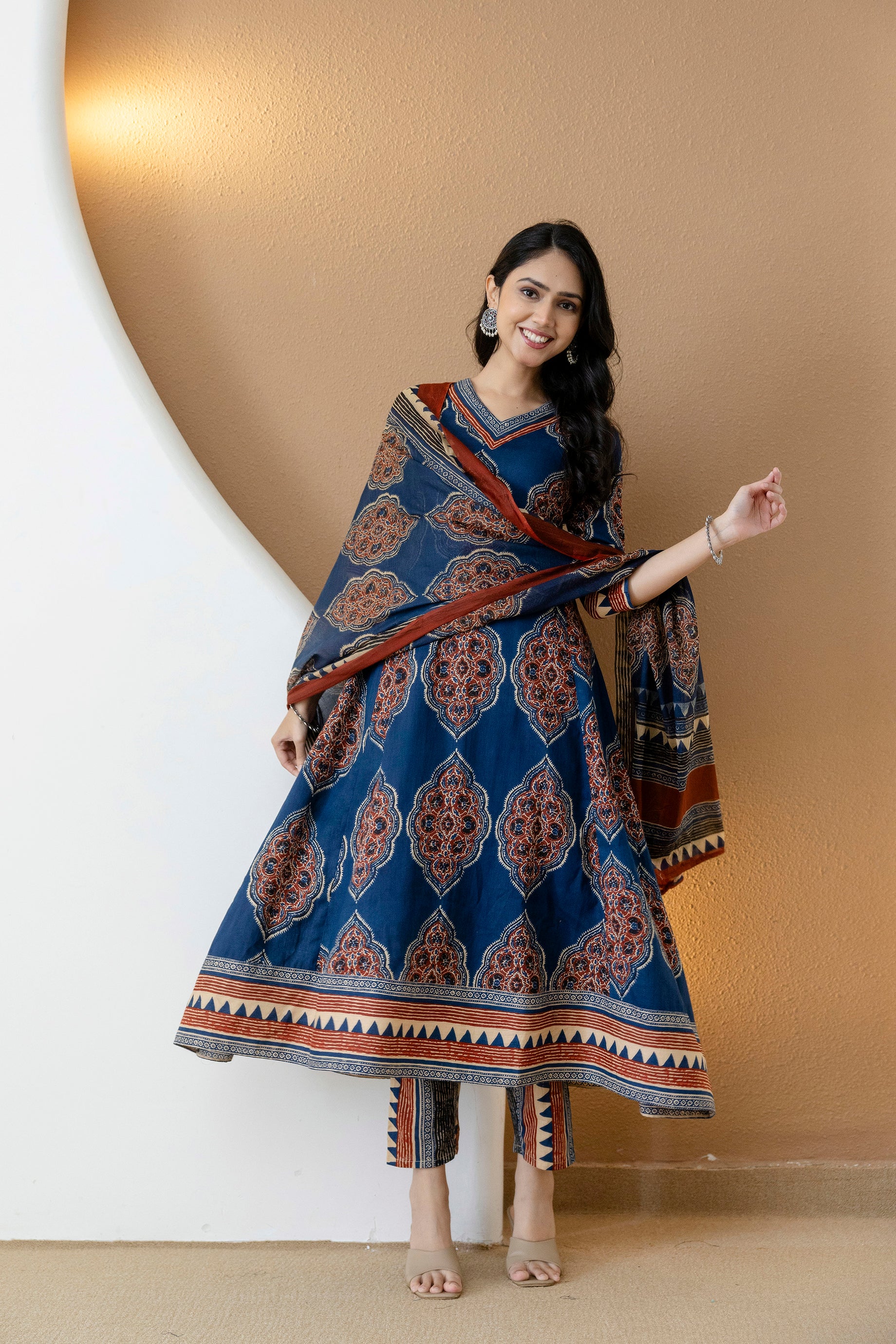 Ethnic Motif Printed Anarkali Kurta Set with Matching Pants & Dupatta