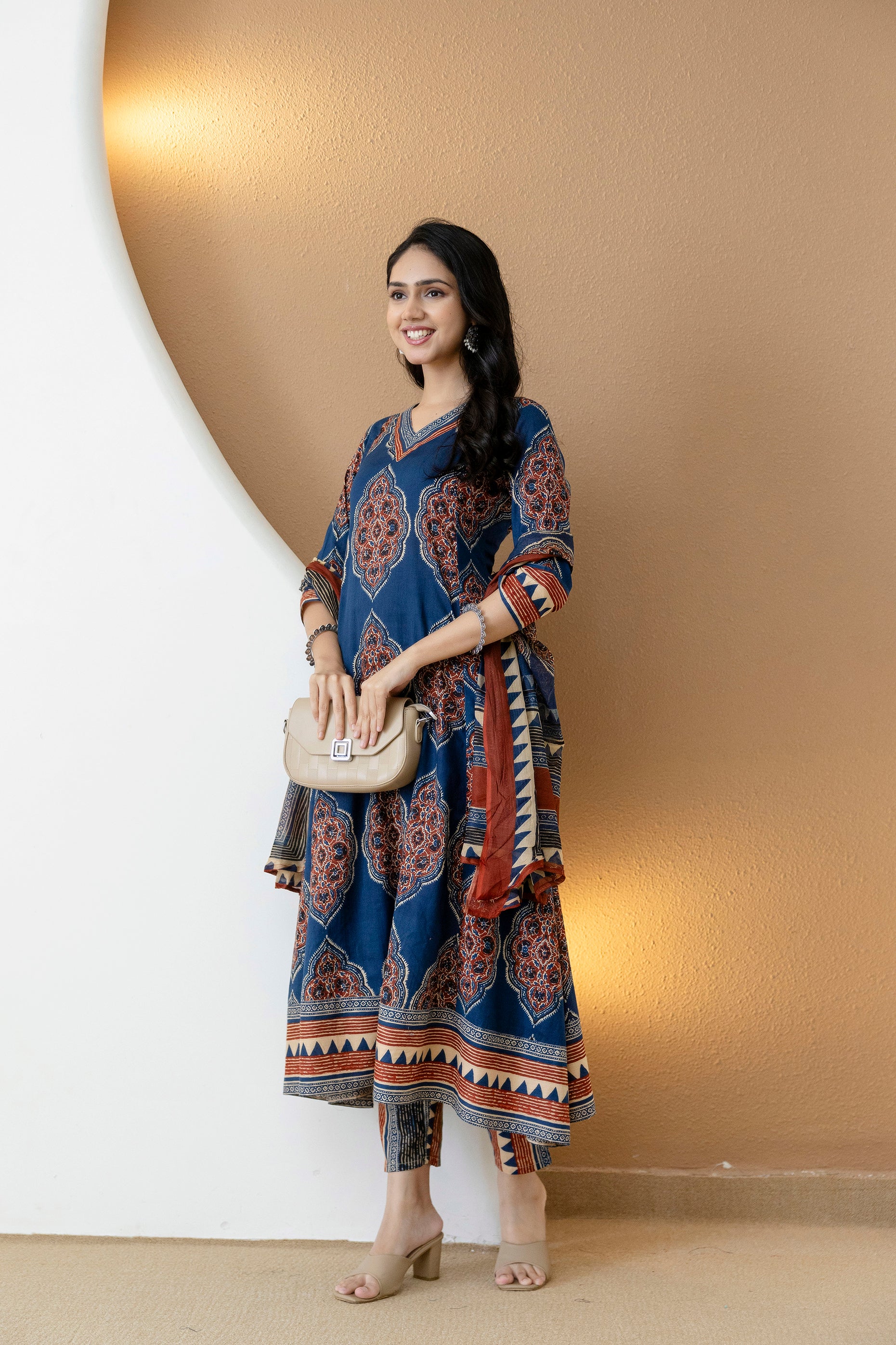 Ethnic Motif Printed Anarkali Kurta Set with Matching Pants & Dupatta