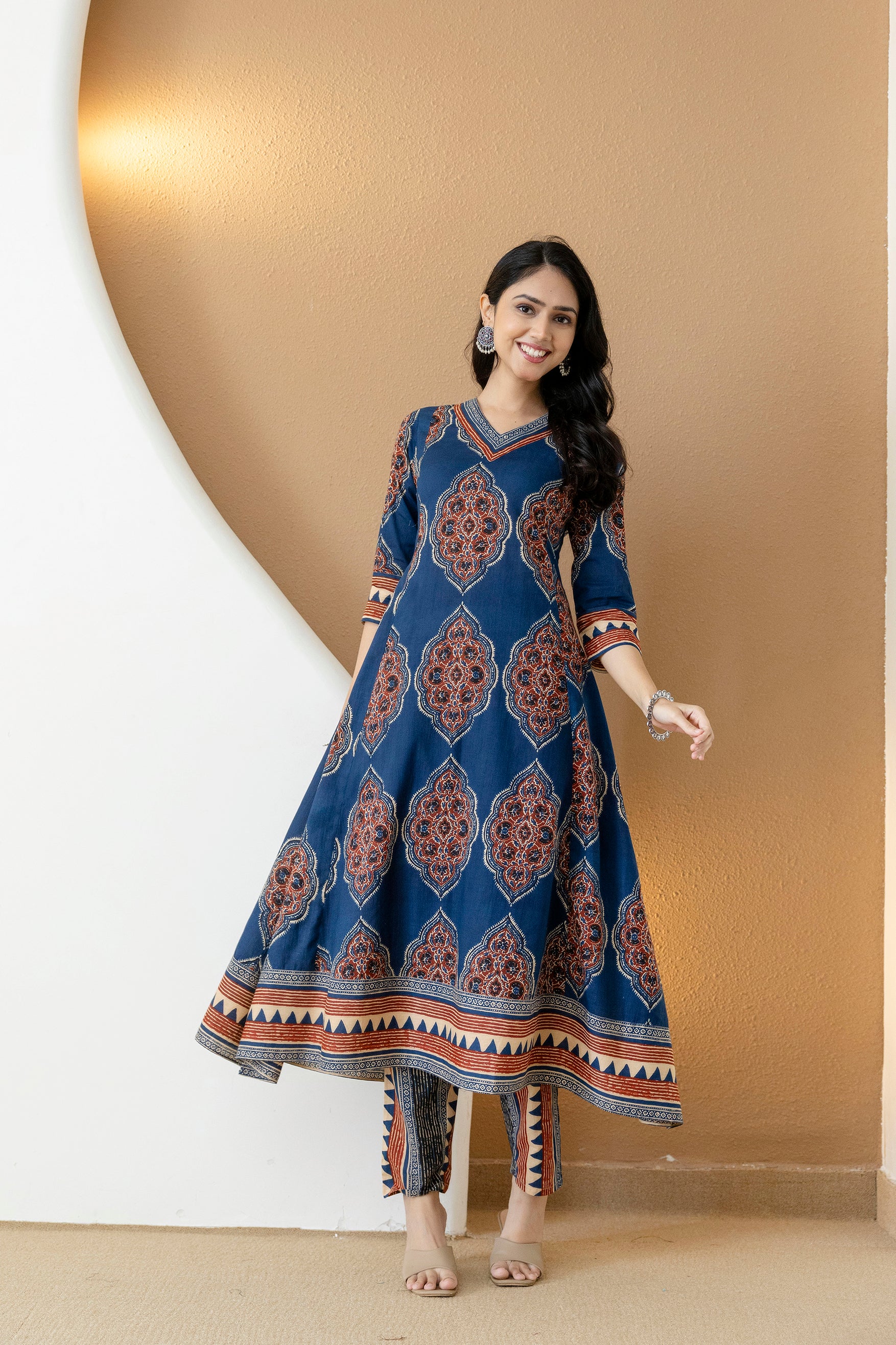 Ethnic Motif Printed Anarkali Kurta Set with Matching Pants & Dupatta