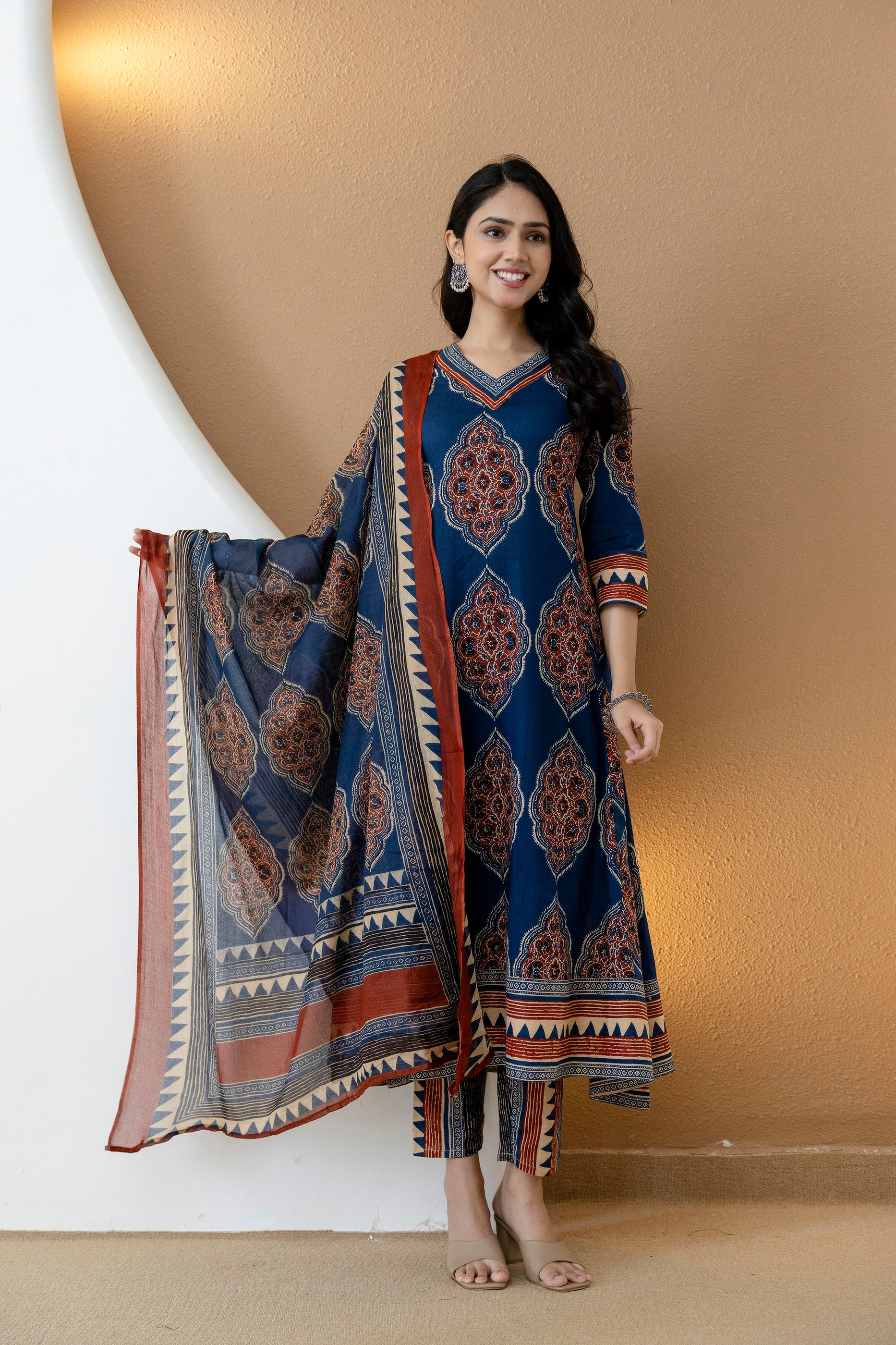 Ethnic Motif Printed Anarkali Kurta Set with Matching Pants & Dupatta