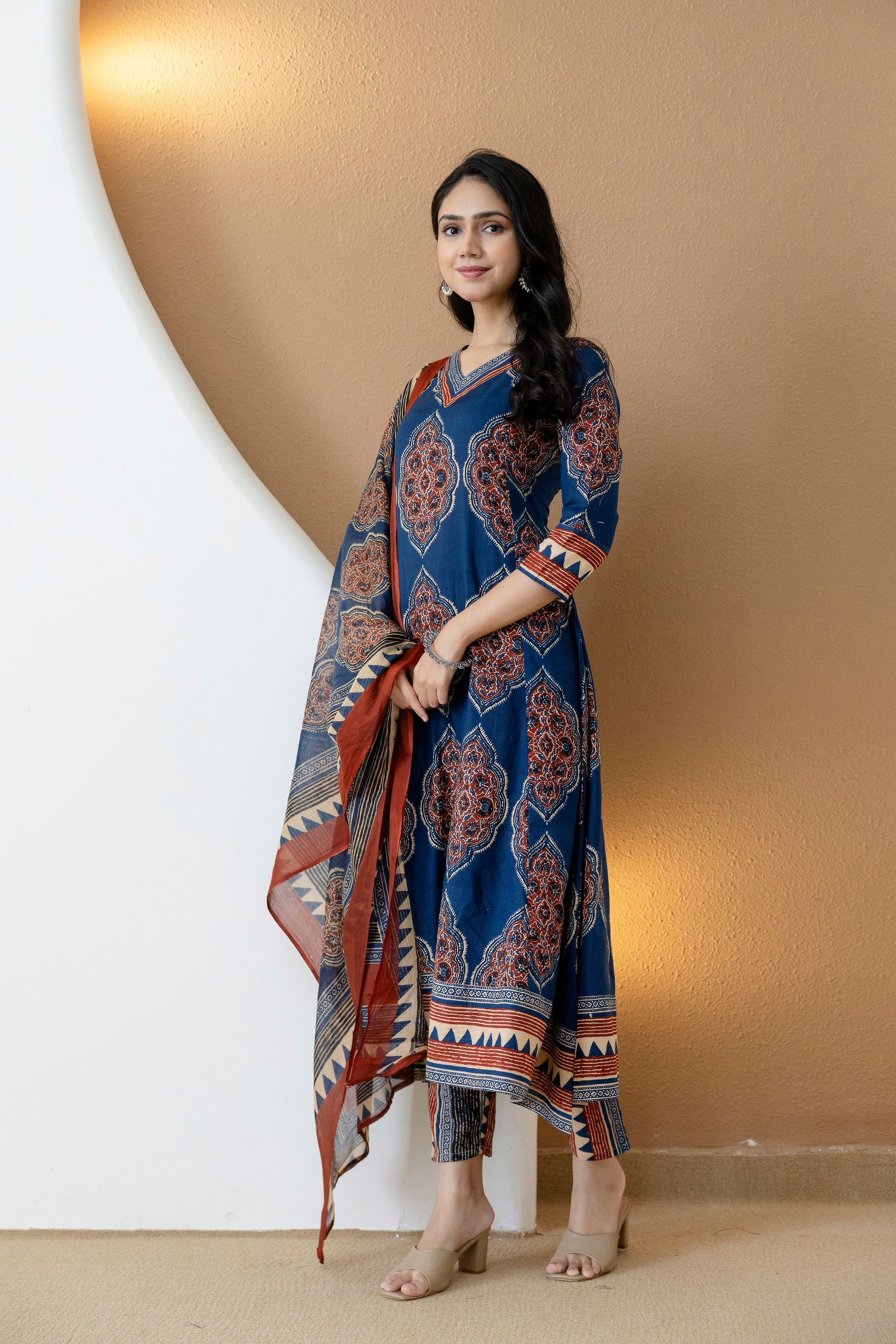 Ethnic Motif Printed Anarkali Kurta Set with Matching Pants & Dupatta