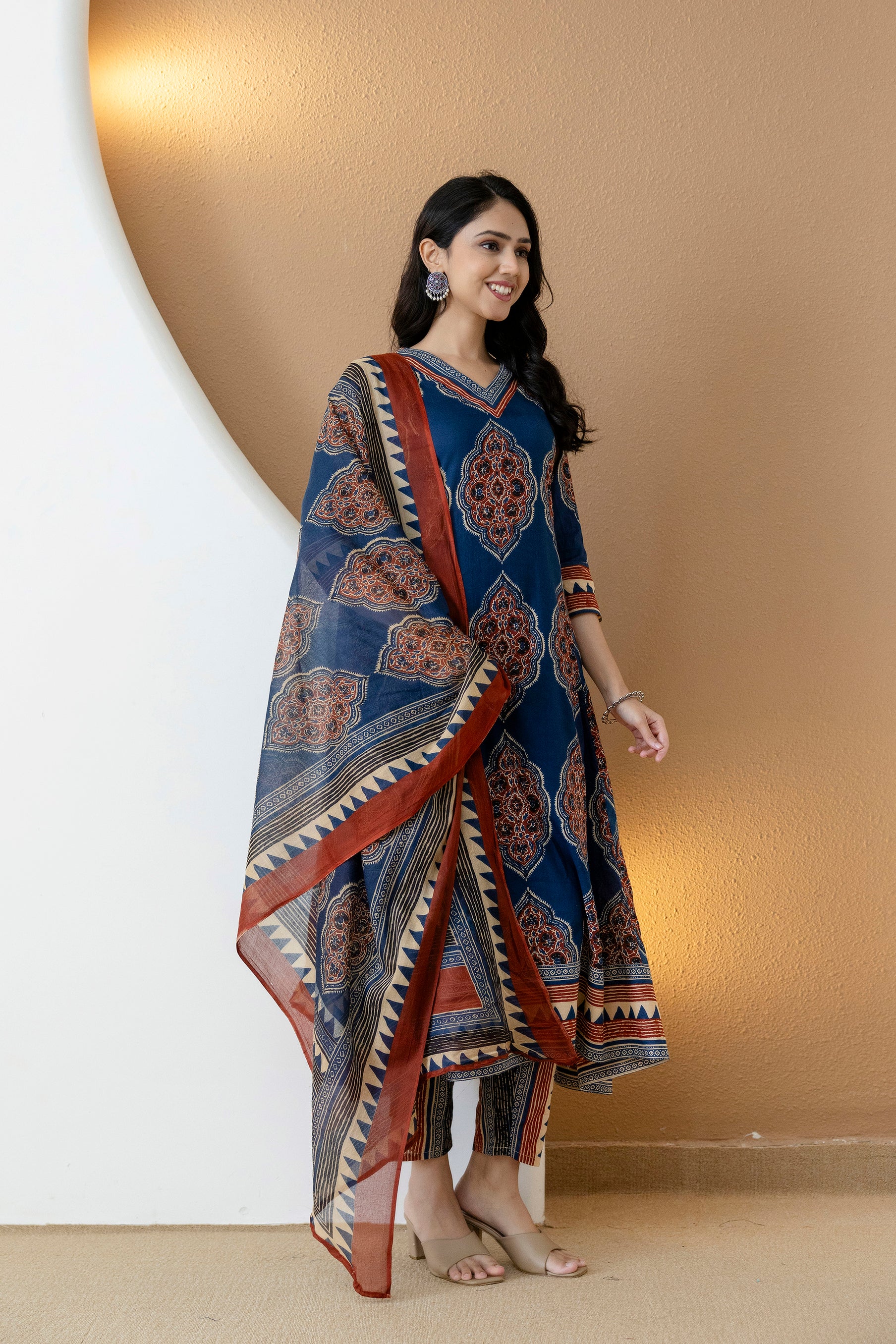 Ethnic Motif Printed Anarkali Kurta Set with Matching Pants & Dupatta