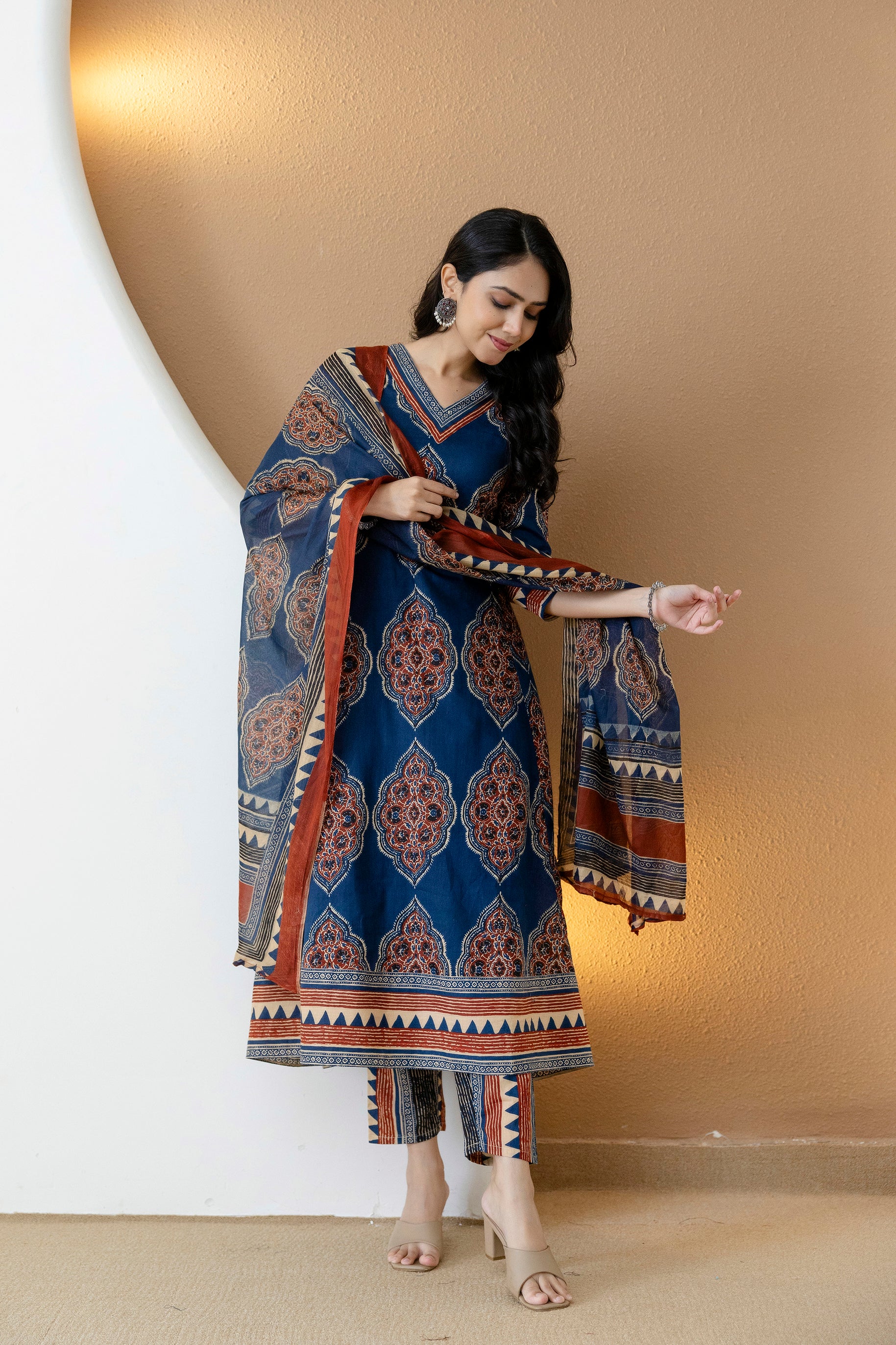 Ethnic Motif Printed Anarkali Kurta Set with Matching Pants & Dupatta