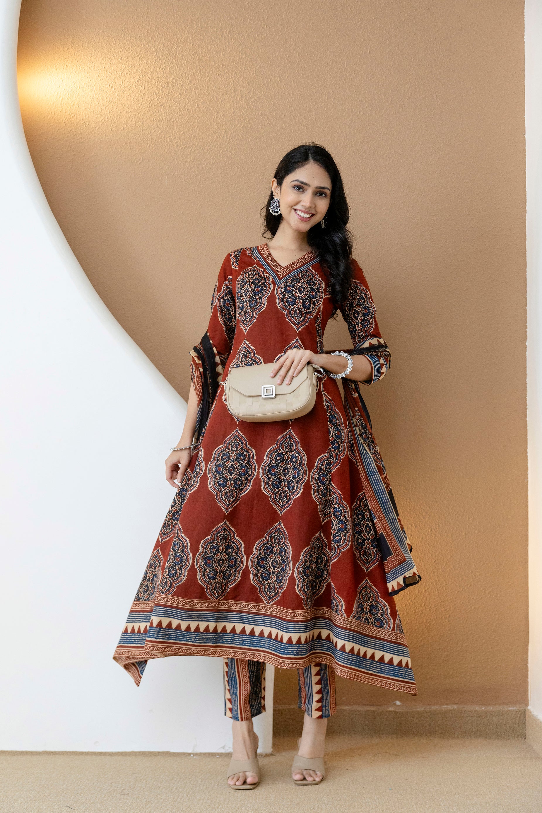 Ethnic Motif Printed Anarkali Kurta Set with Matching Pants & Dupatta
