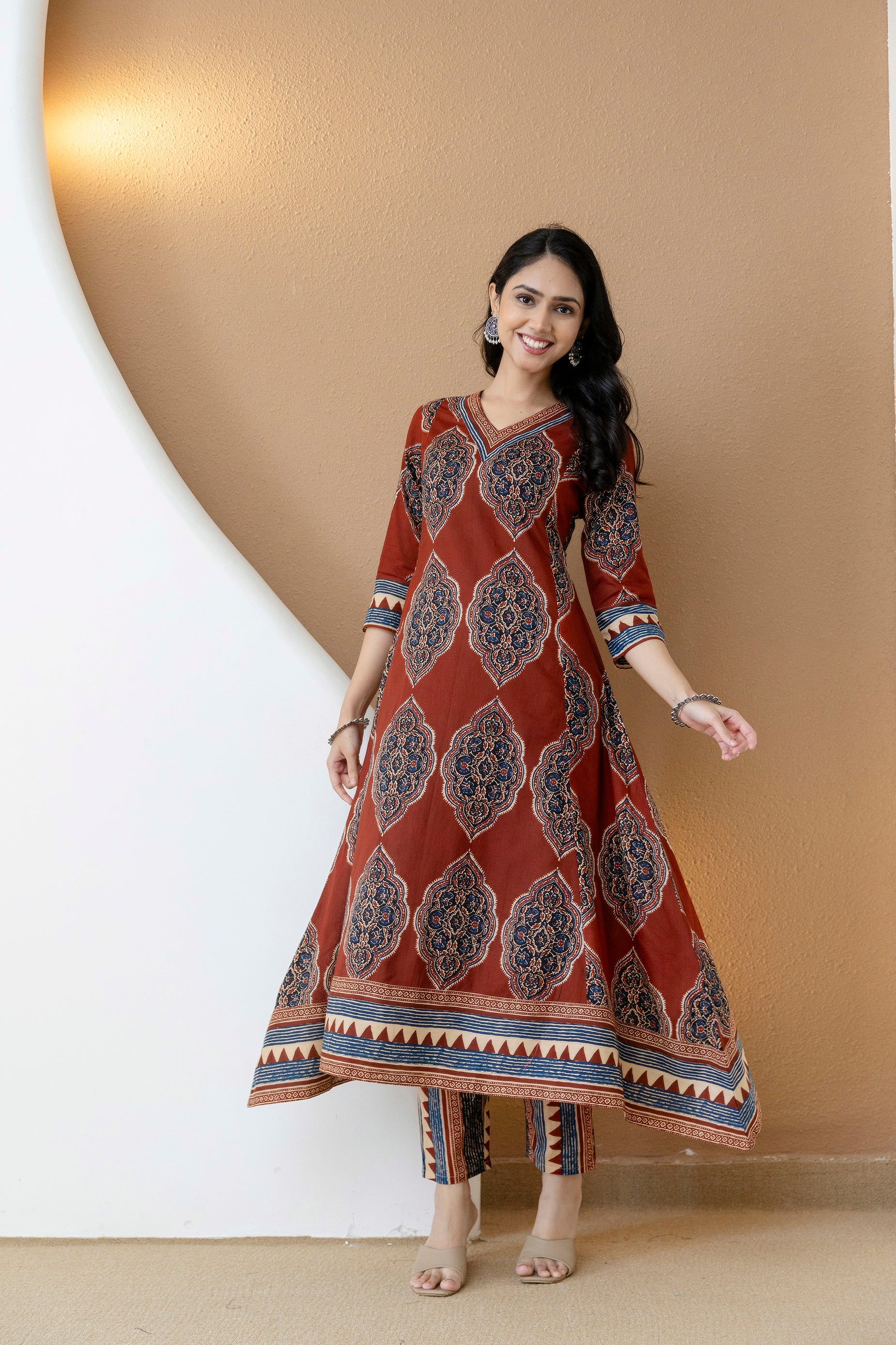 Ethnic Motif Printed Anarkali Kurta Set with Matching Pants & Dupatta
