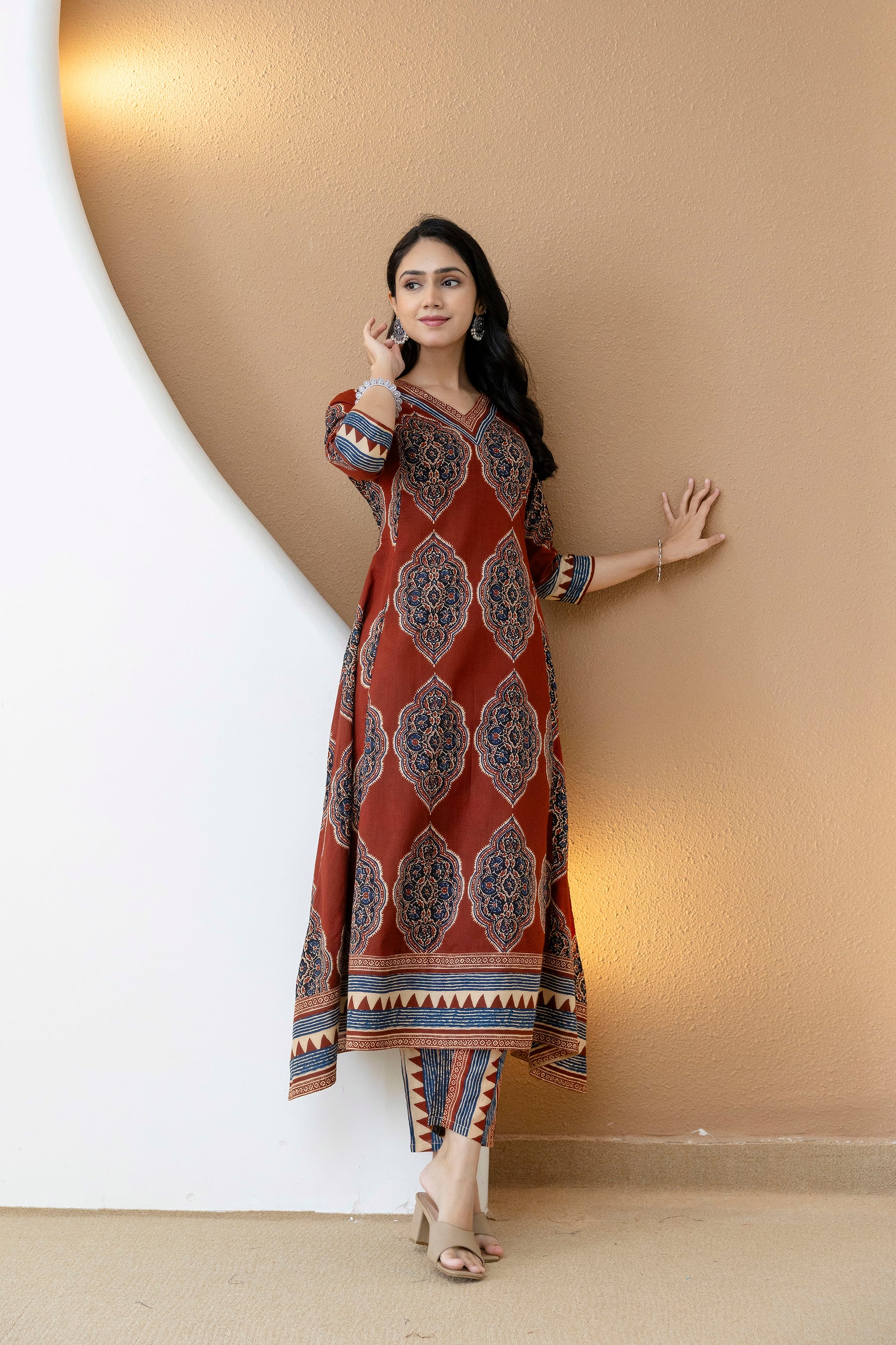Ethnic Motif Printed Anarkali Kurta Set with Matching Pants & Dupatta