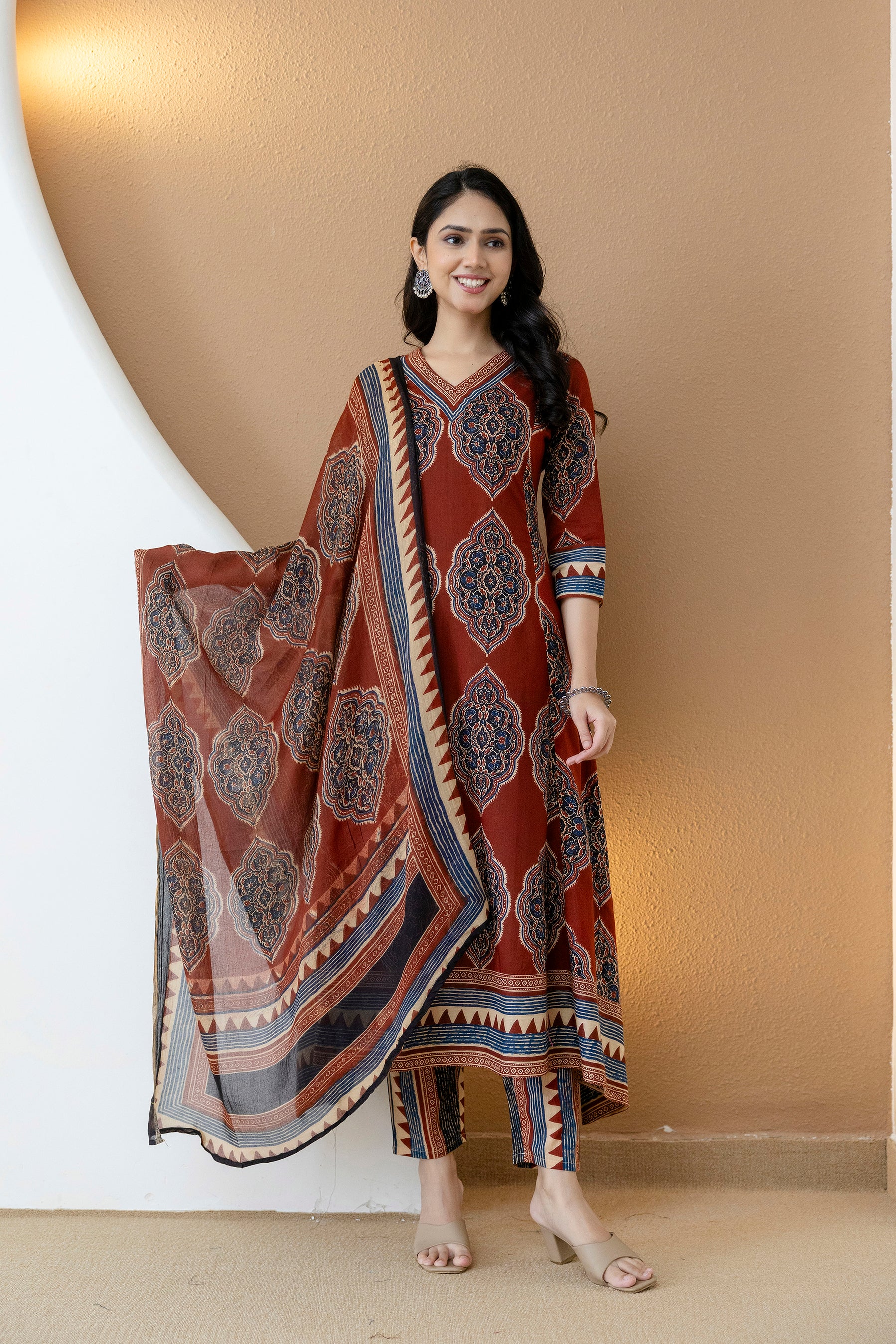 Ethnic Motif Printed Anarkali Kurta Set with Matching Pants & Dupatta