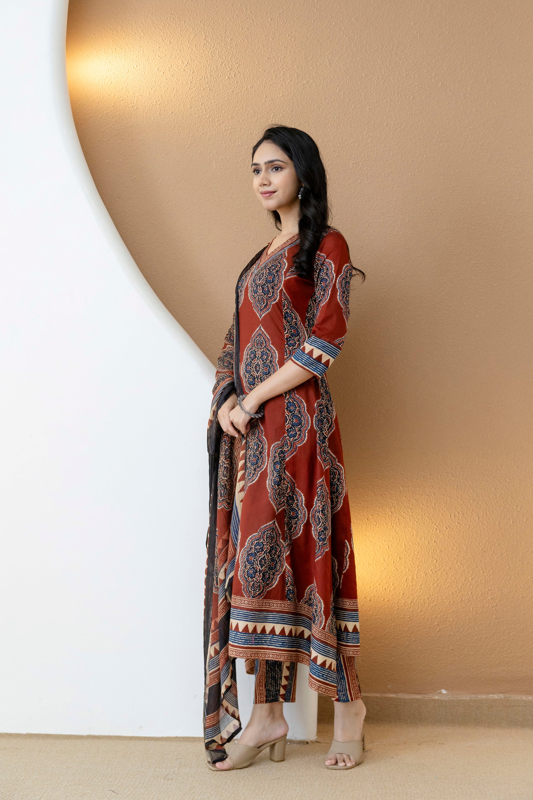 Ethnic Motif Printed Anarkali Kurta Set with Matching Pants & Dupatta
