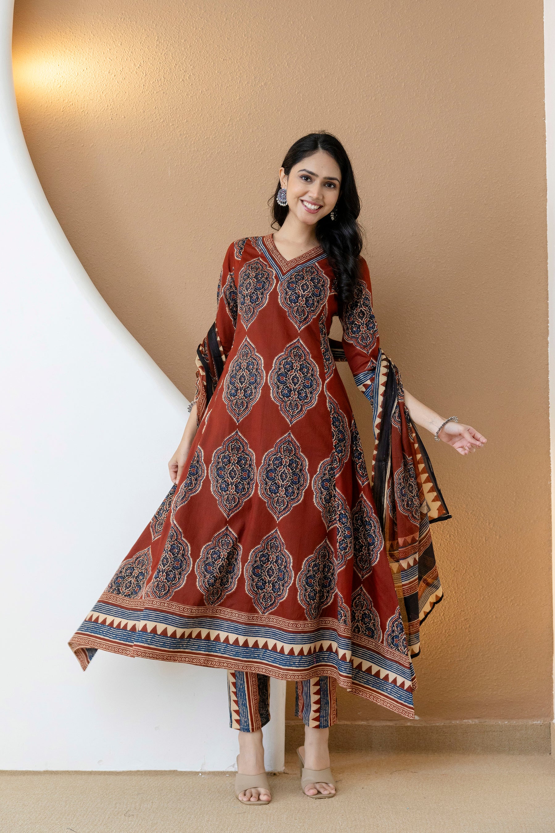 Ethnic Motif Printed Anarkali Kurta Set with Matching Pants & Dupatta
