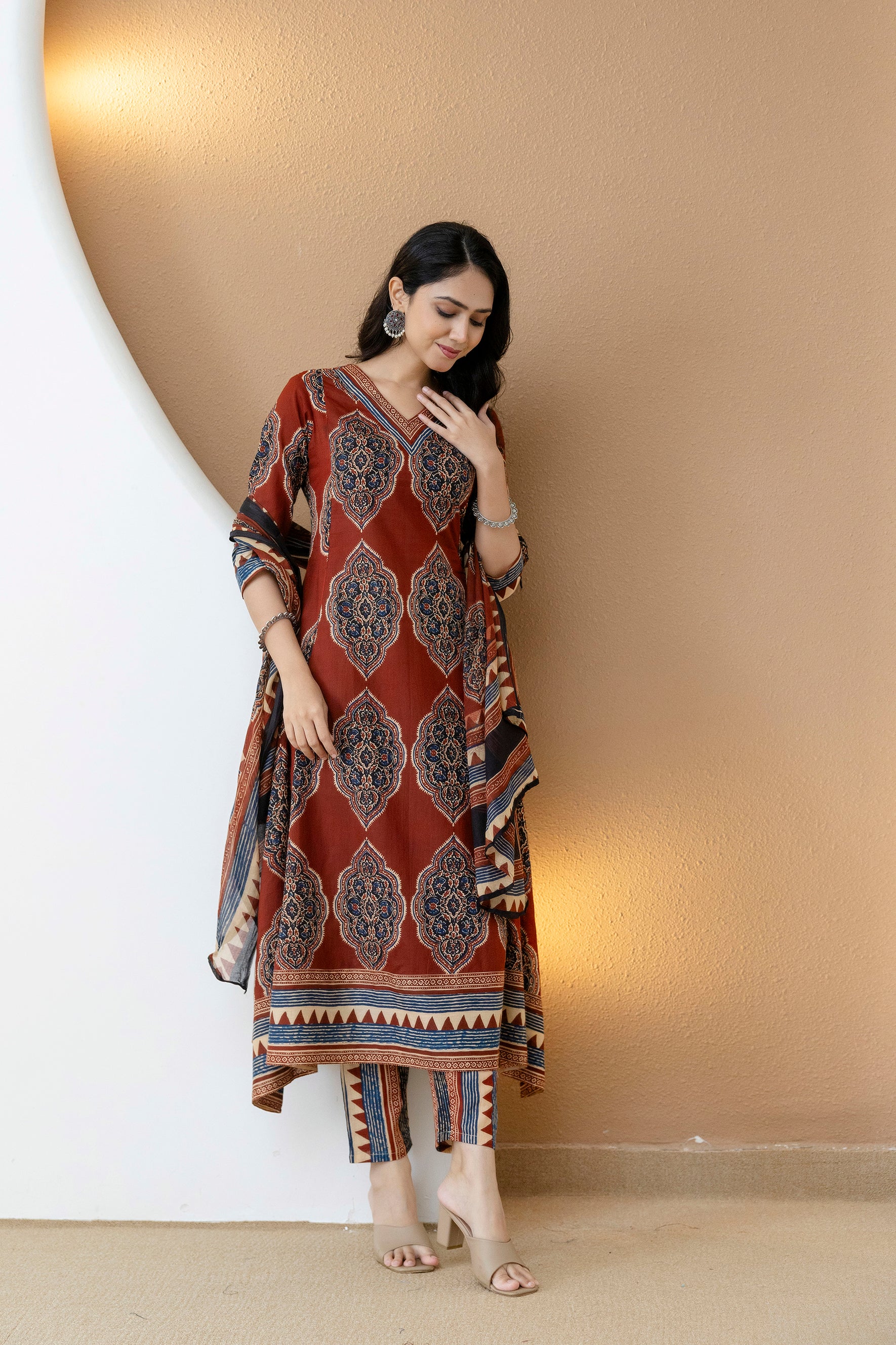 Ethnic Motif Printed Anarkali Kurta Set with Matching Pants & Dupatta