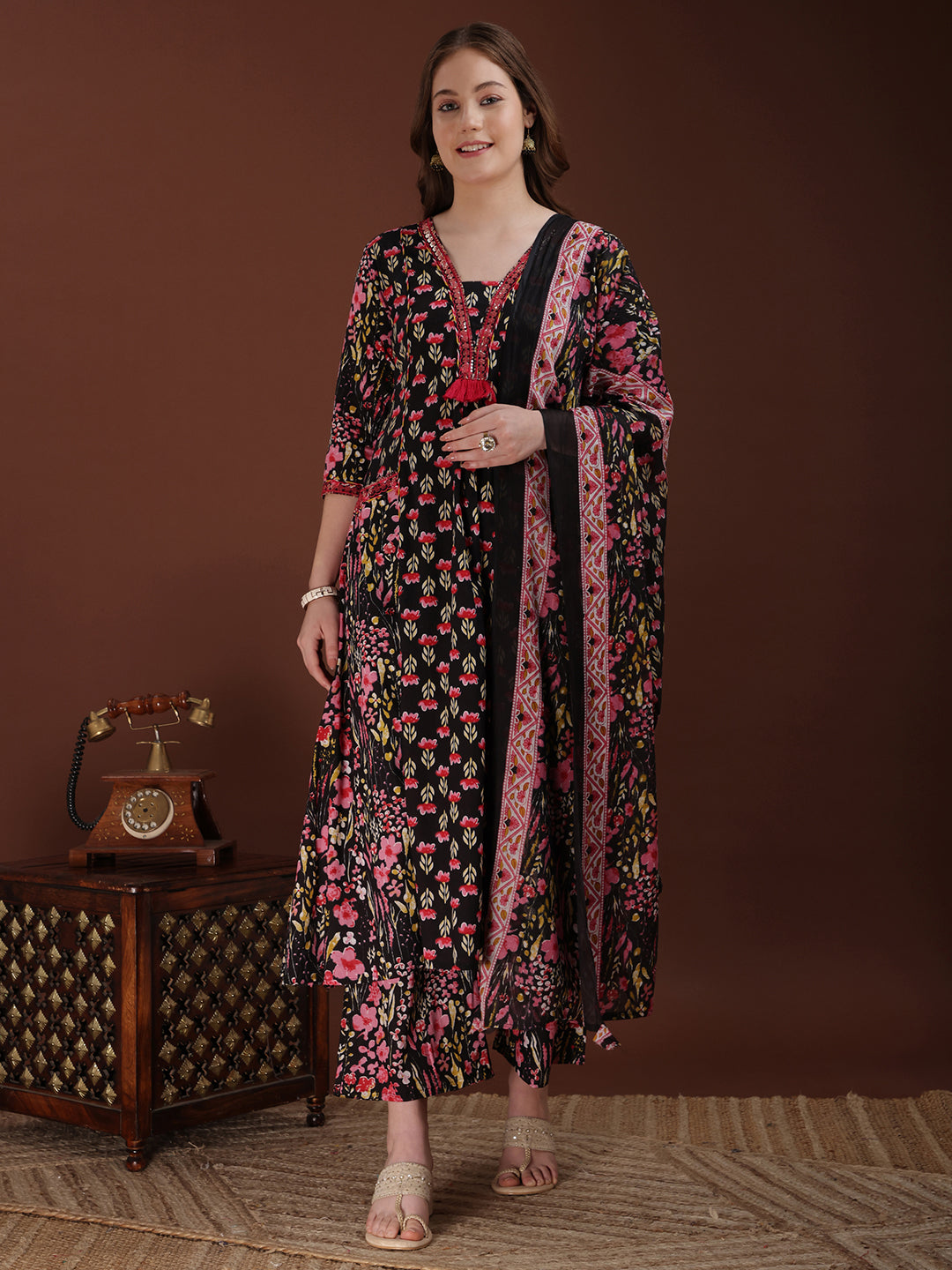 Embroidered & Floral Printed Kurta with Palazzo & Printed Dupatta