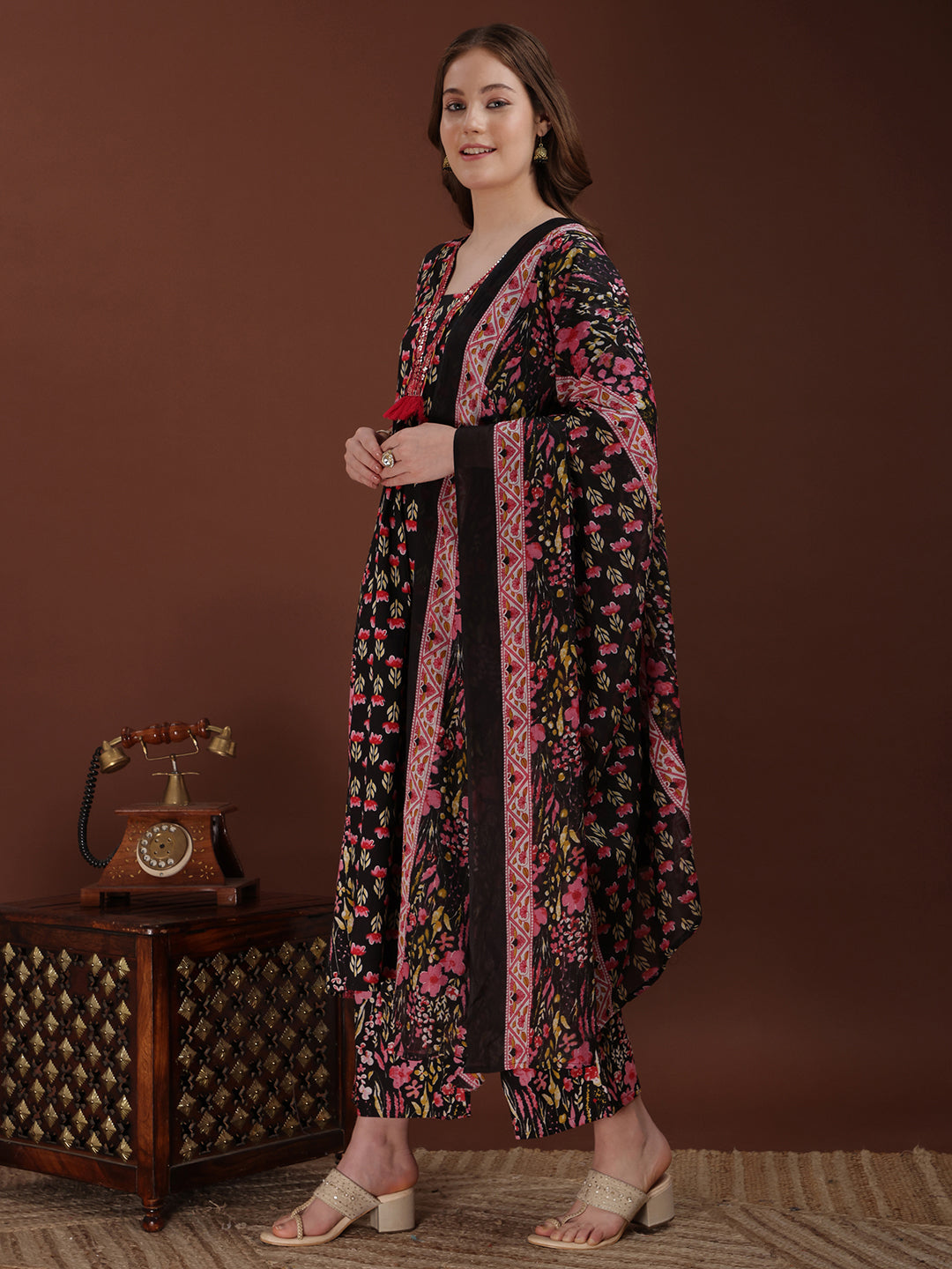 Embroidered & Floral Printed Kurta with Palazzo & Printed Dupatta