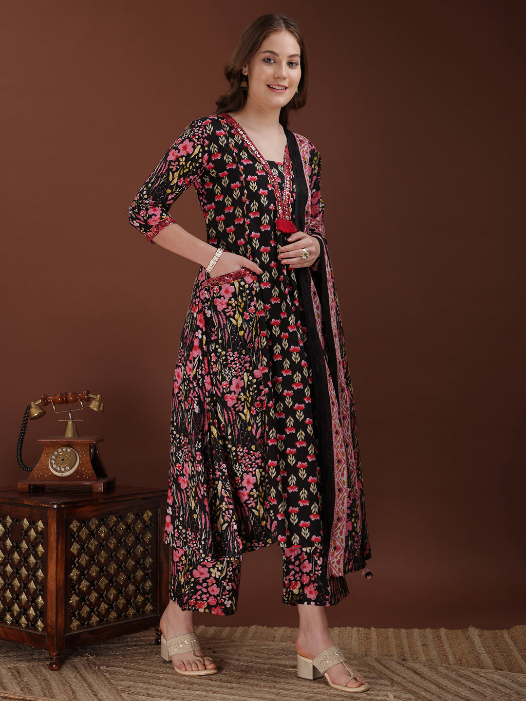 Embroidered & Floral Printed Kurta with Palazzo & Printed Dupatta