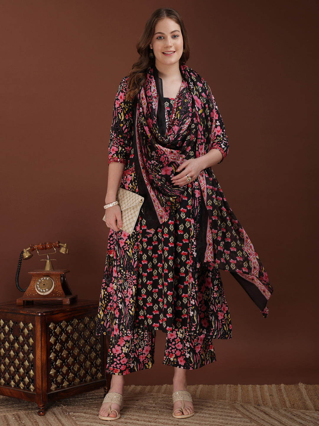 Embroidered & Floral Printed Kurta with Palazzo & Printed Dupatta