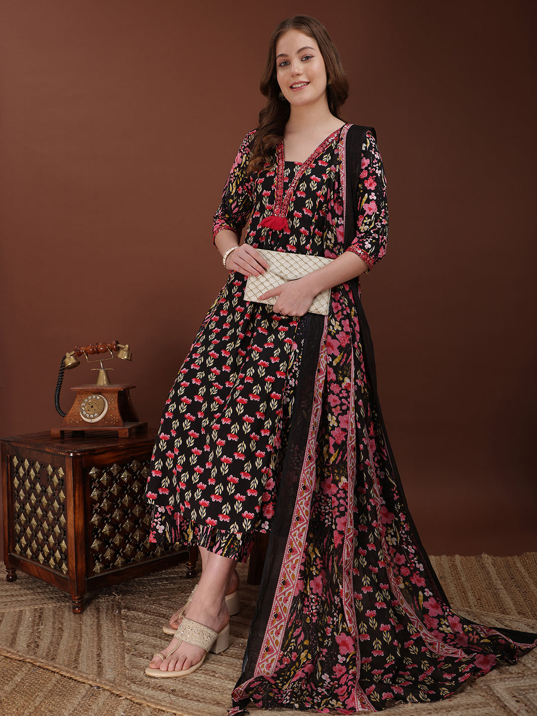 Embroidered & Floral Printed Kurta with Palazzo & Printed Dupatta