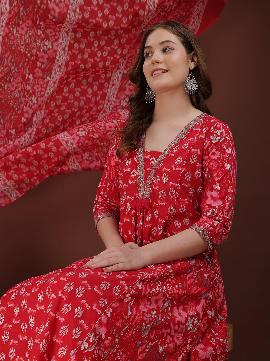 Embroidered & Floral Printed Kurta with Palazzo & Printed Dupatta