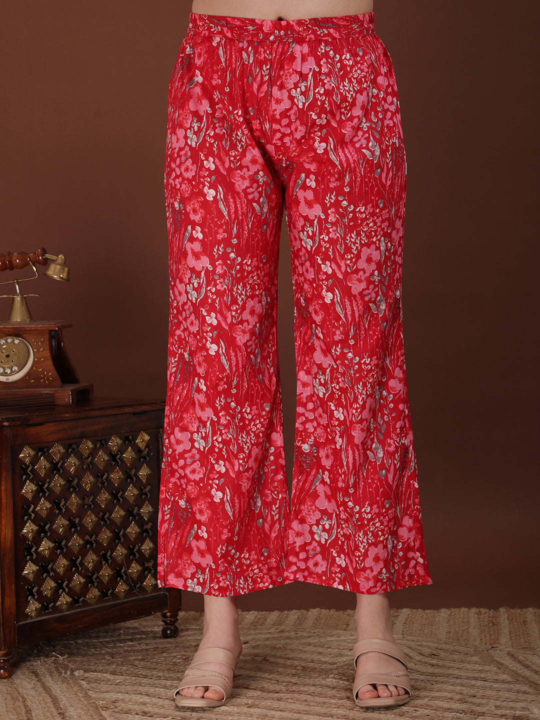Embroidered & Floral Printed Kurta with Palazzo & Printed Dupatta