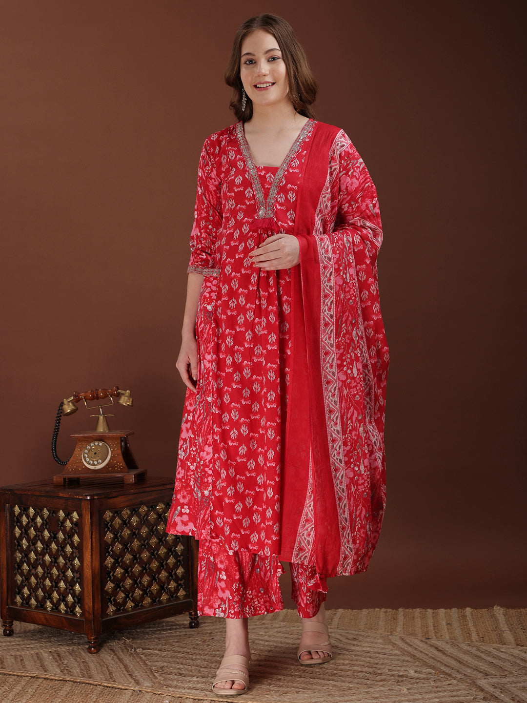 Embroidered & Floral Printed Kurta with Palazzo & Printed Dupatta