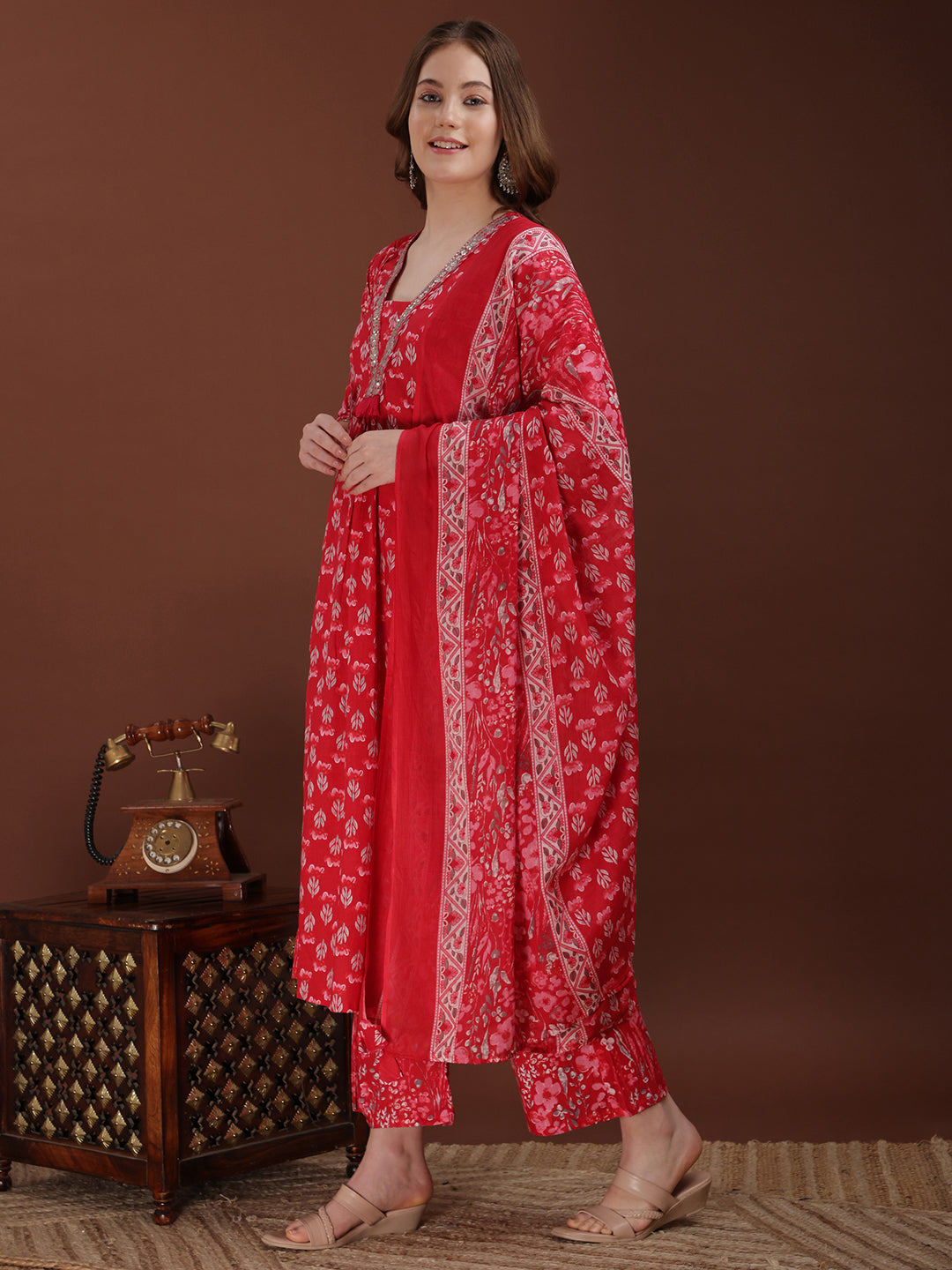 Embroidered & Floral Printed Kurta with Palazzo & Printed Dupatta