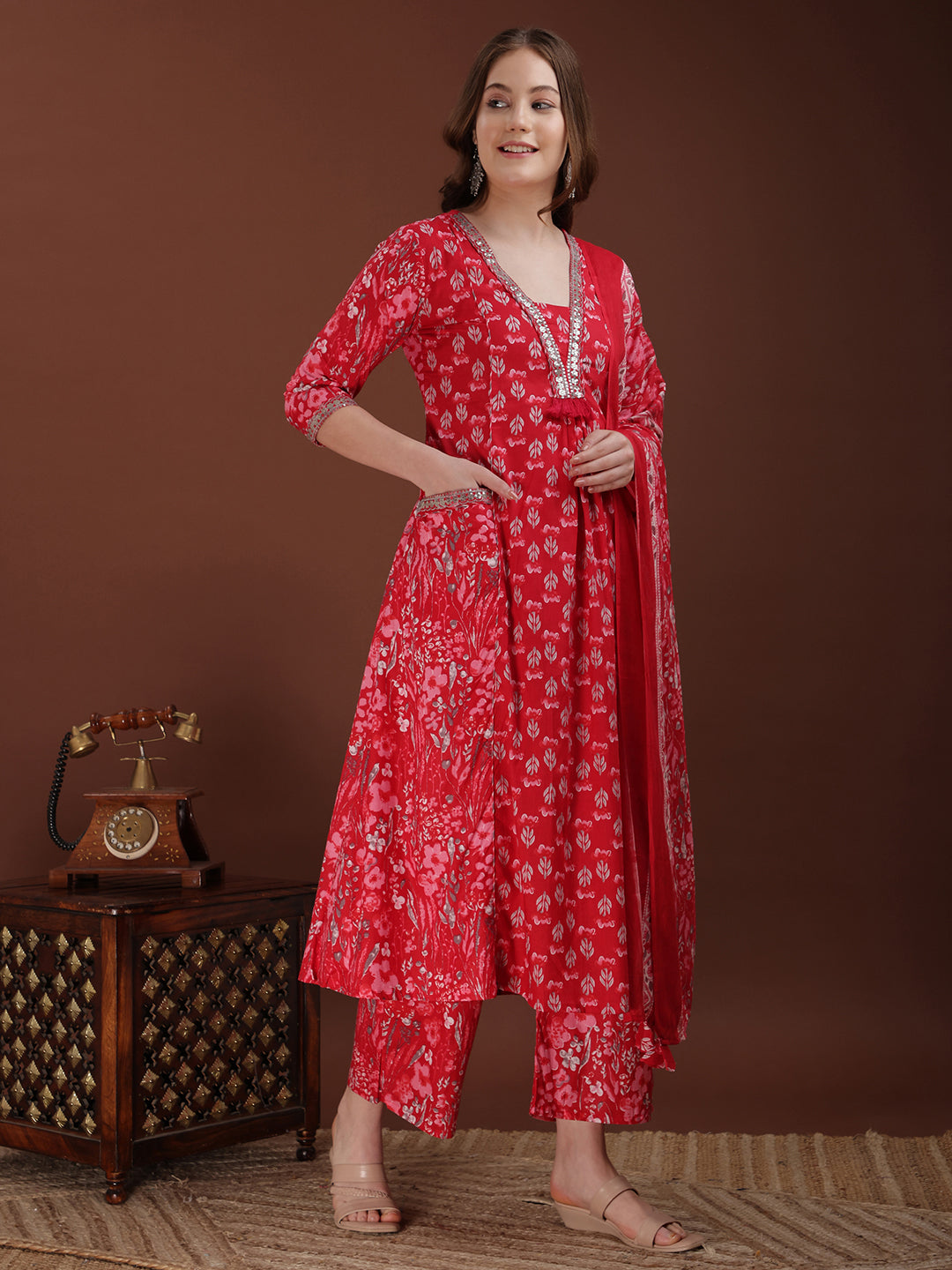 Embroidered & Floral Printed Kurta with Palazzo & Printed Dupatta