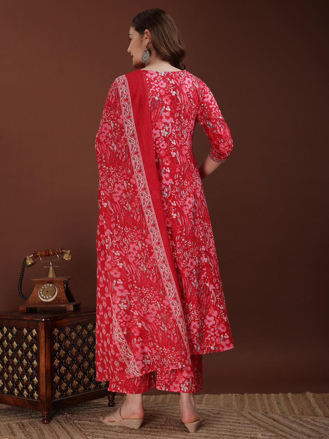 Embroidered & Floral Printed Kurta with Palazzo & Printed Dupatta