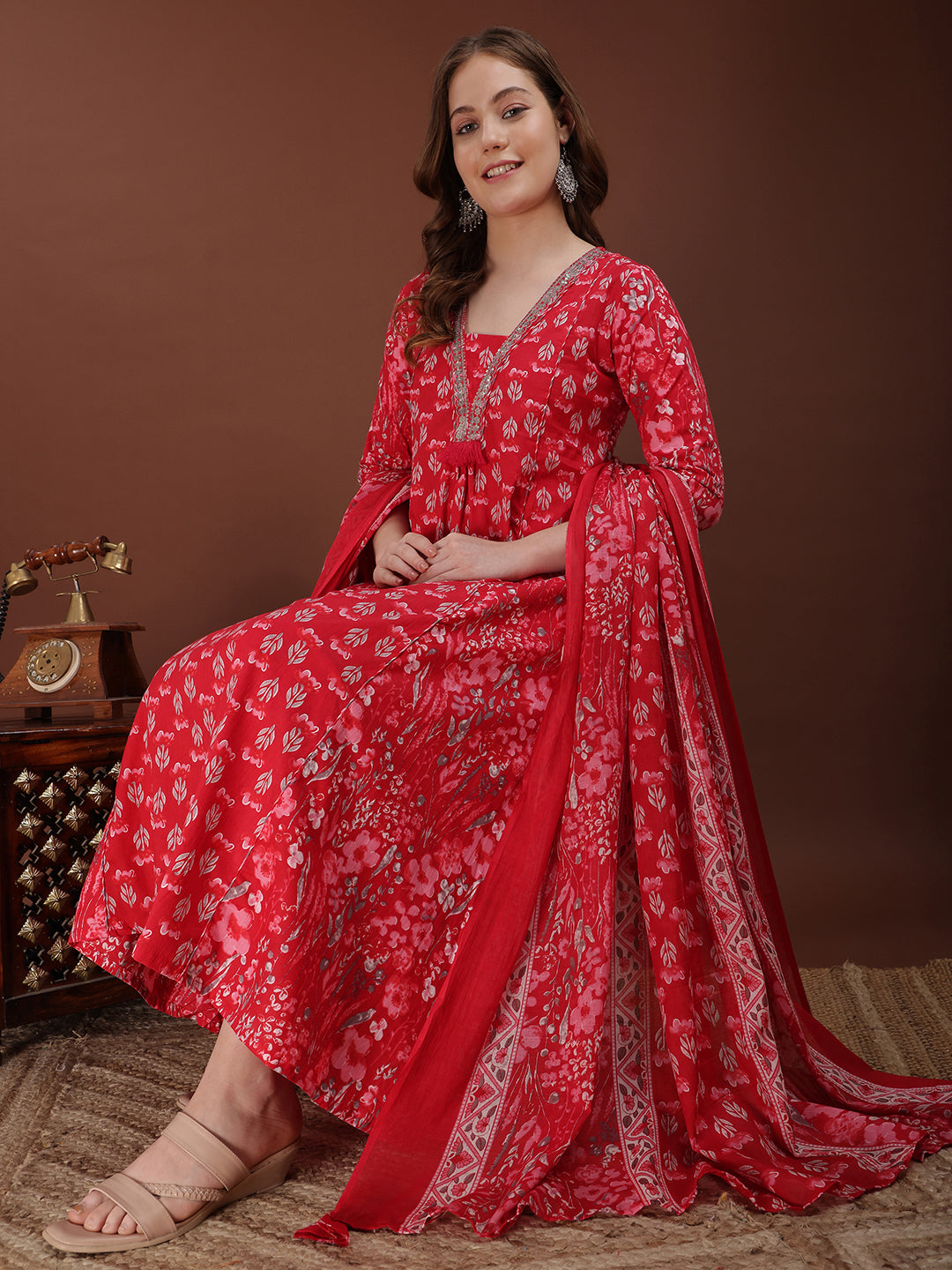 Embroidered & Floral Printed Kurta with Palazzo & Printed Dupatta